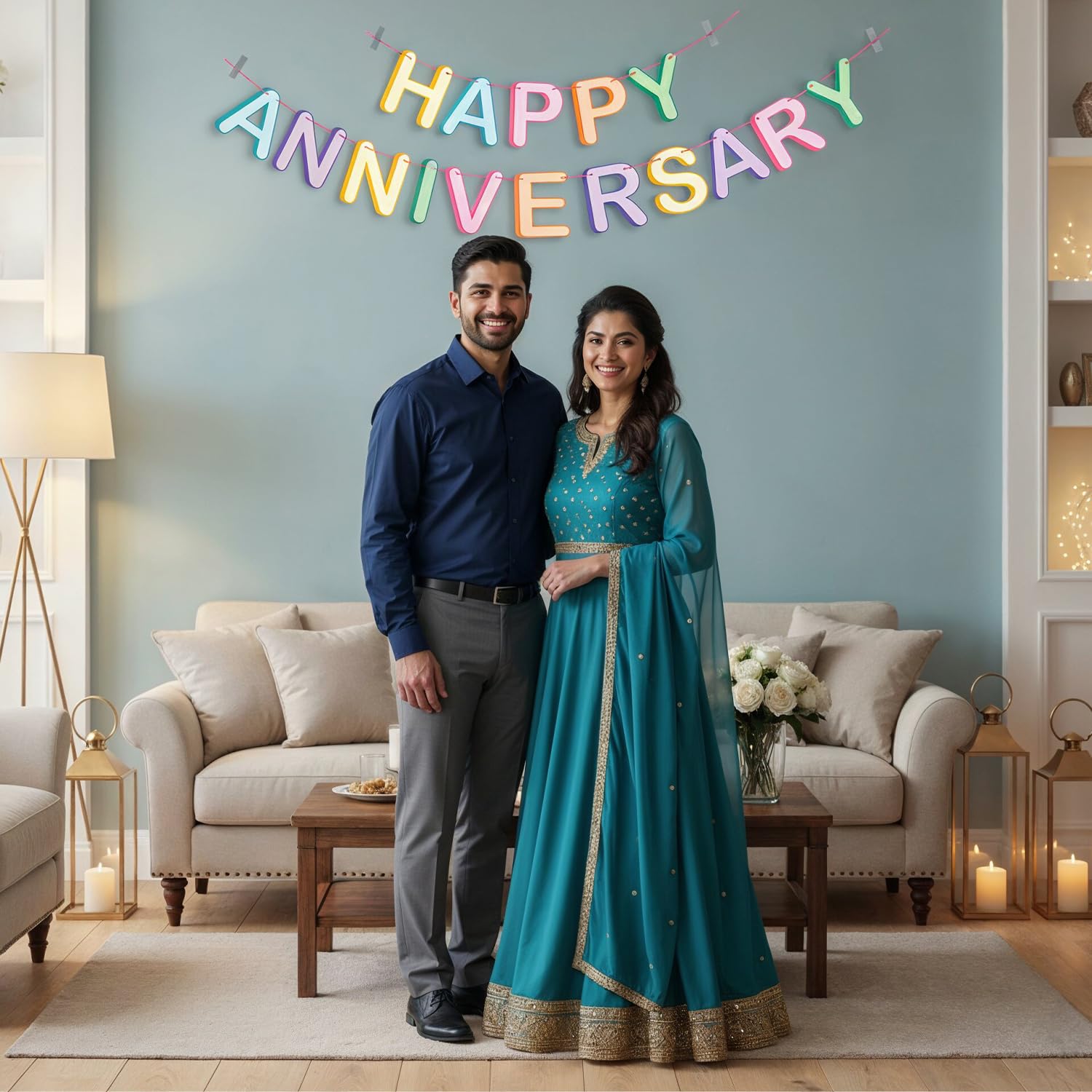 Party Propz Multicolour Pastel Happy Anniversary Banner - 2 Pcs Wedding Anniversary Decoration Kit Banner with Ribbon, 1st 10th 25th & 50th Wedding Party Decoration Items (Cardstock) 4