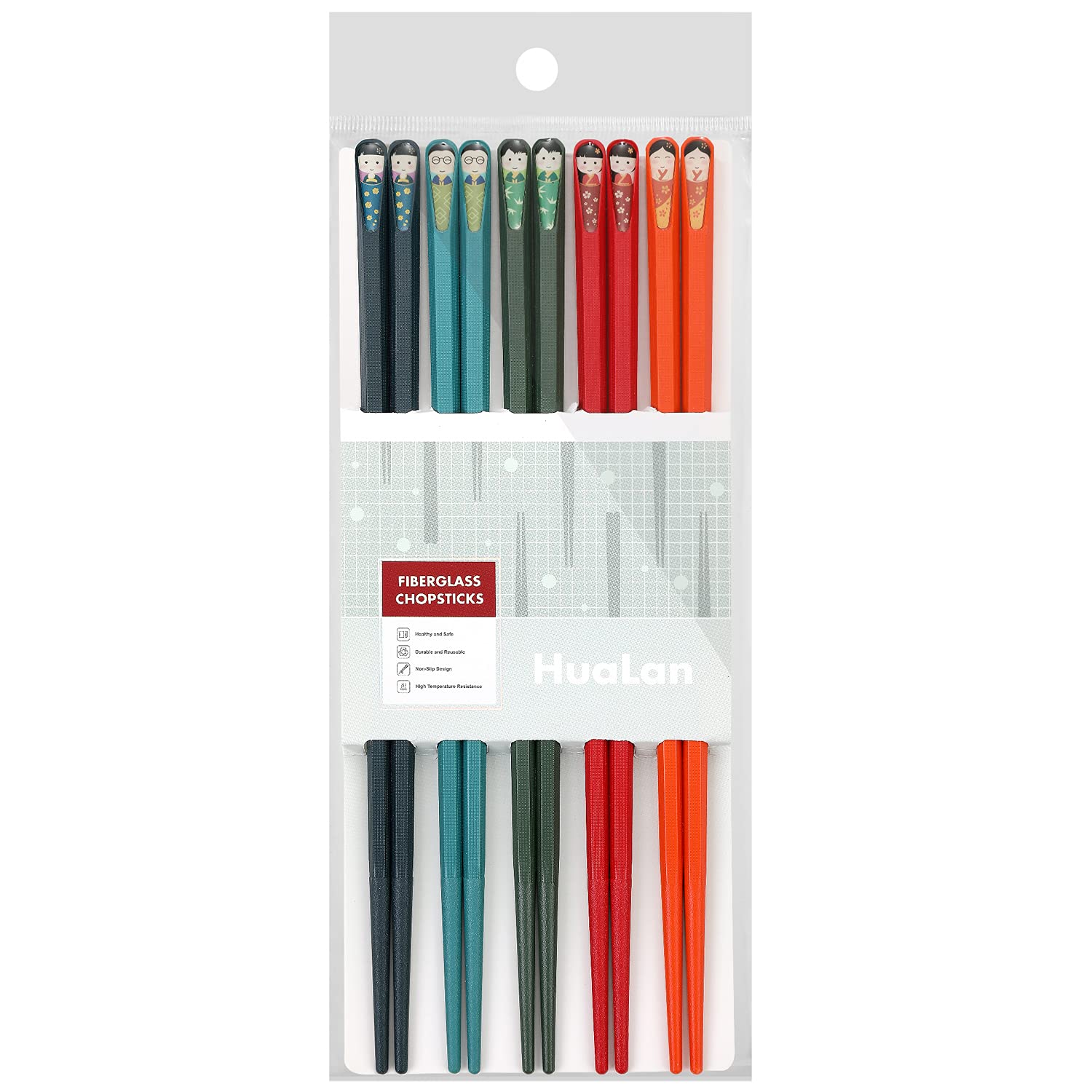 HuaLan Colorful Fiberglass Chopsticks, Reusable Non-Slip Chopsticks, 9 1/2 Inches, 5 Pairs