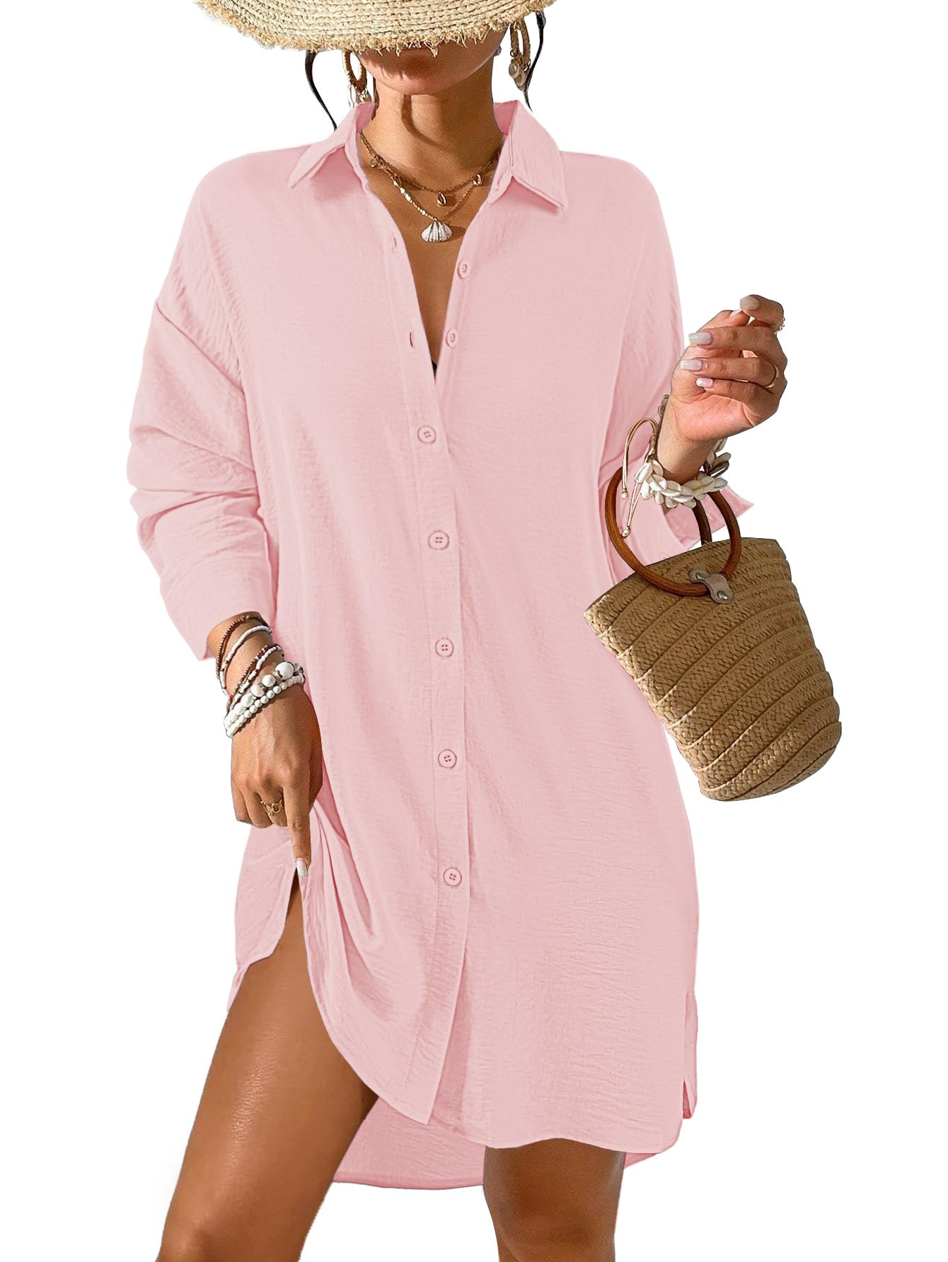 Tanmolo Damen Strandkleid Bikini Cover Up Sommer Strandbluse Strandhemd V-Ausschnitt Strandponcho Bademode Strand Vertuschen Shirt