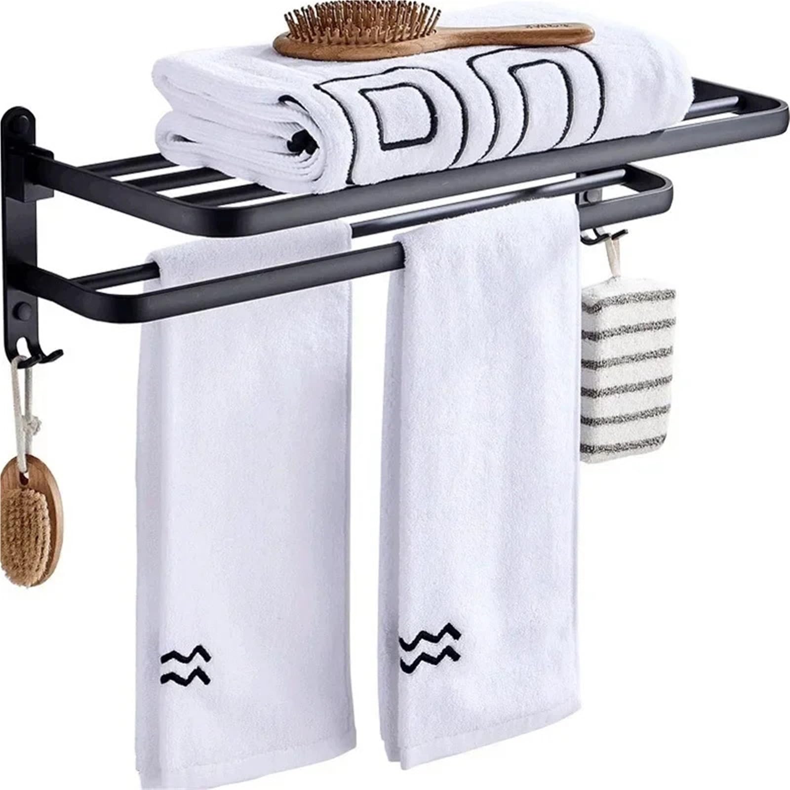 Black Folding Wall Mounted Towel Rack Aluminum Storage Shelf for Bathroom