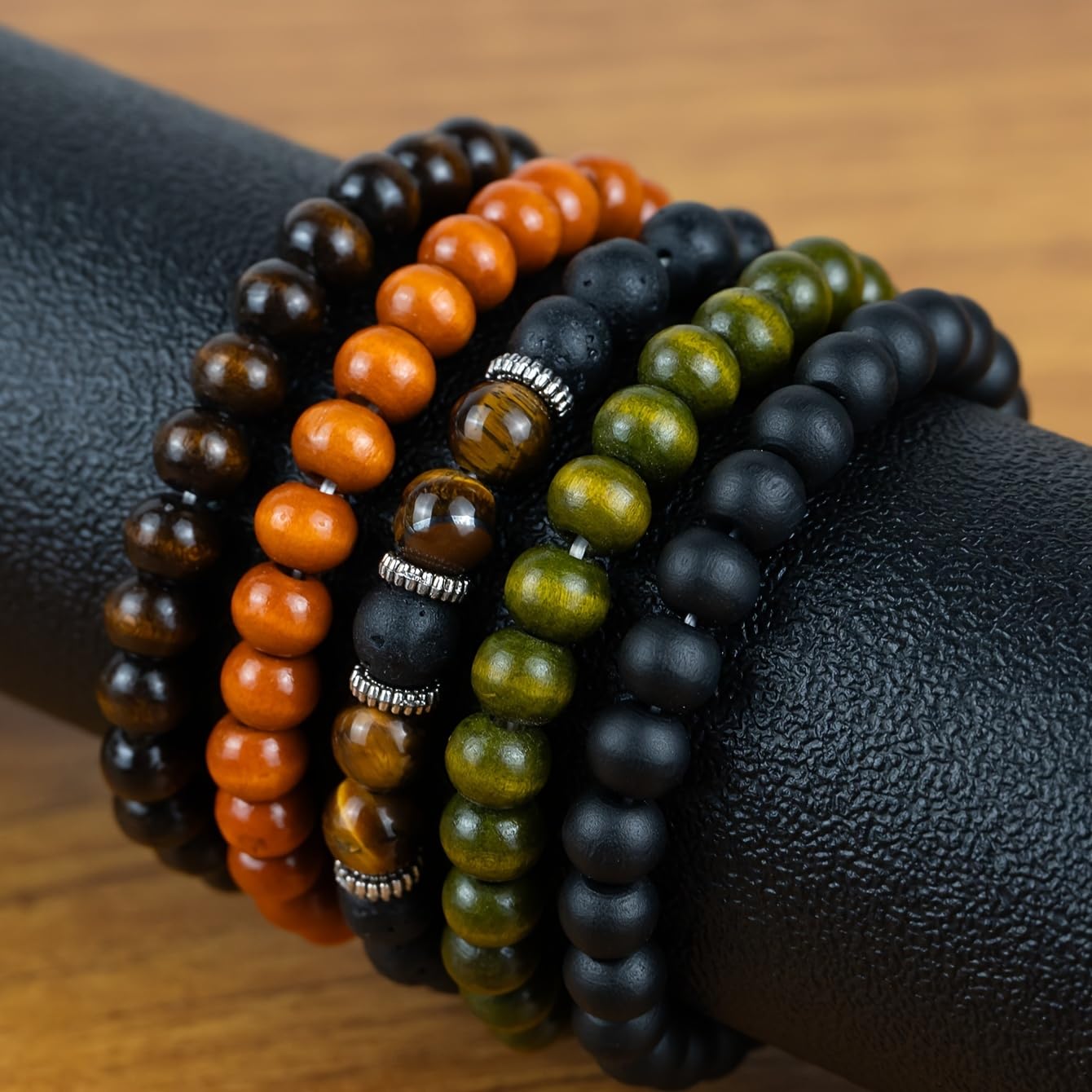 Set di 5 bracciali impilabili con Perline di Legno Occhio di Tigre - Bracciali con Perline per Uomo e Donna, bracciali Elasticizzati con Perline Rotonde da 8 mm, Braccialetti da Yoga Unisex