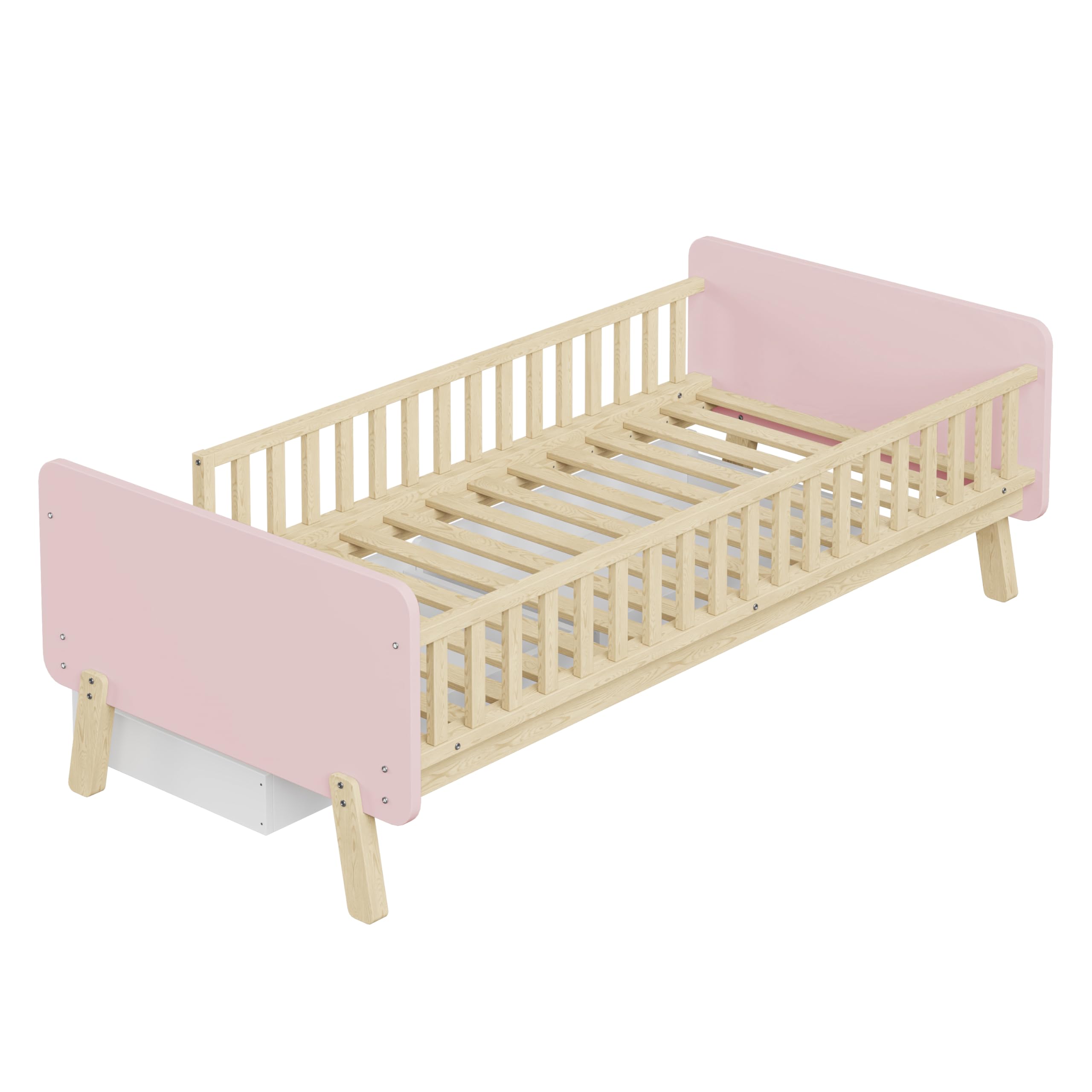 TIZZ Lettino per bambini 90 x 190 cm, con 2 cassetti, letto singolo in legno massello con rete a doghe, rosa