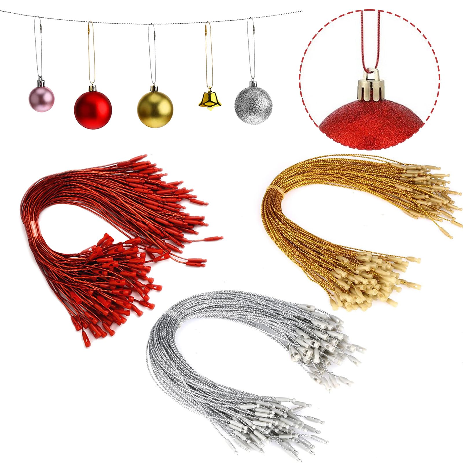 FOSDICK 300 Pcs 20cm Christmas Tree Ornament Hanger Strings with Snap Lock Fasteners Precut Polyester Cord for Xmas Decorations Baubles and Gift Tags in Gold Silver Red