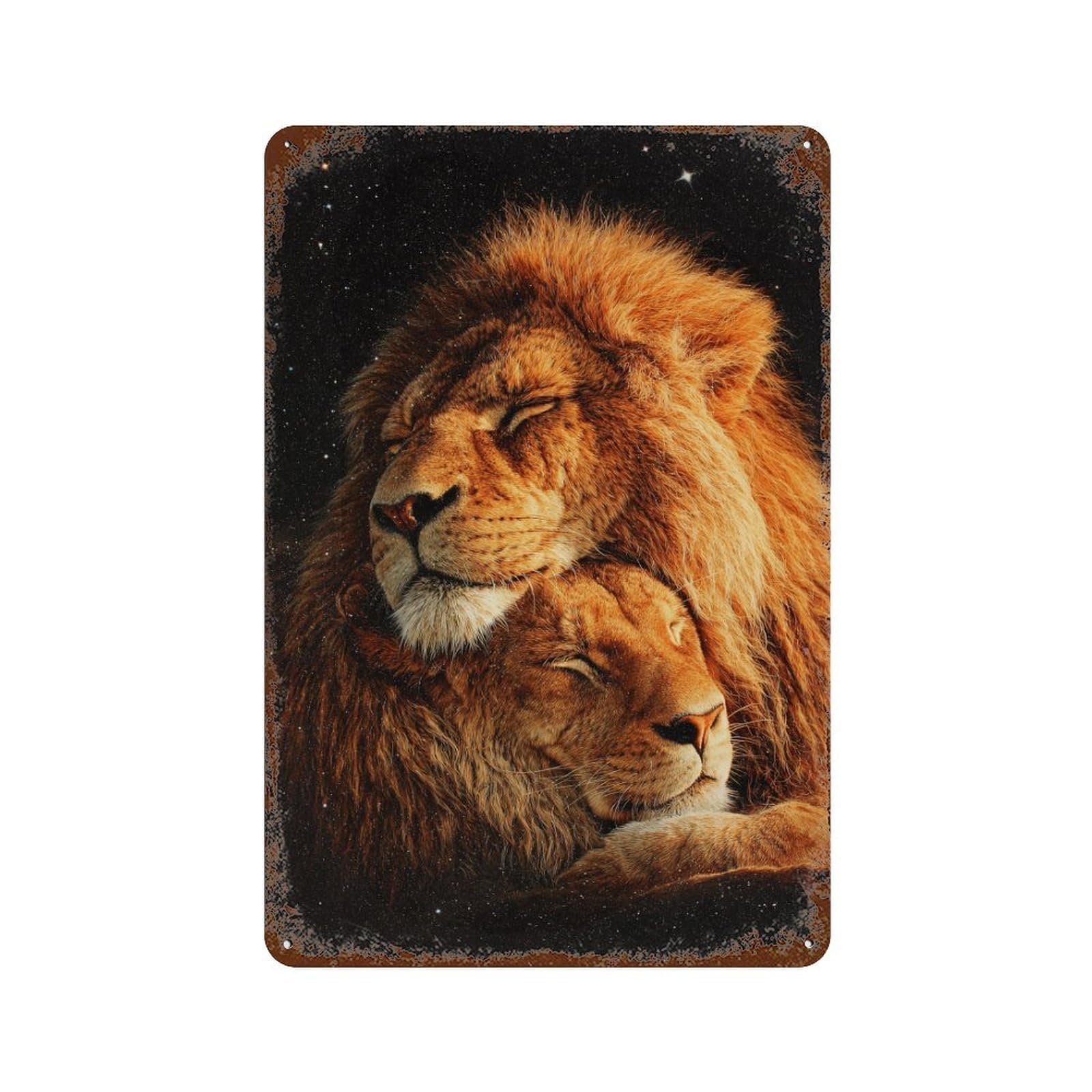 Sleeping Lions in Starry Sky 11.8"x7.9" Rust Effect Tin Sign, Old School Wall Decor for Pub, Kitchen And Man Cave Decor