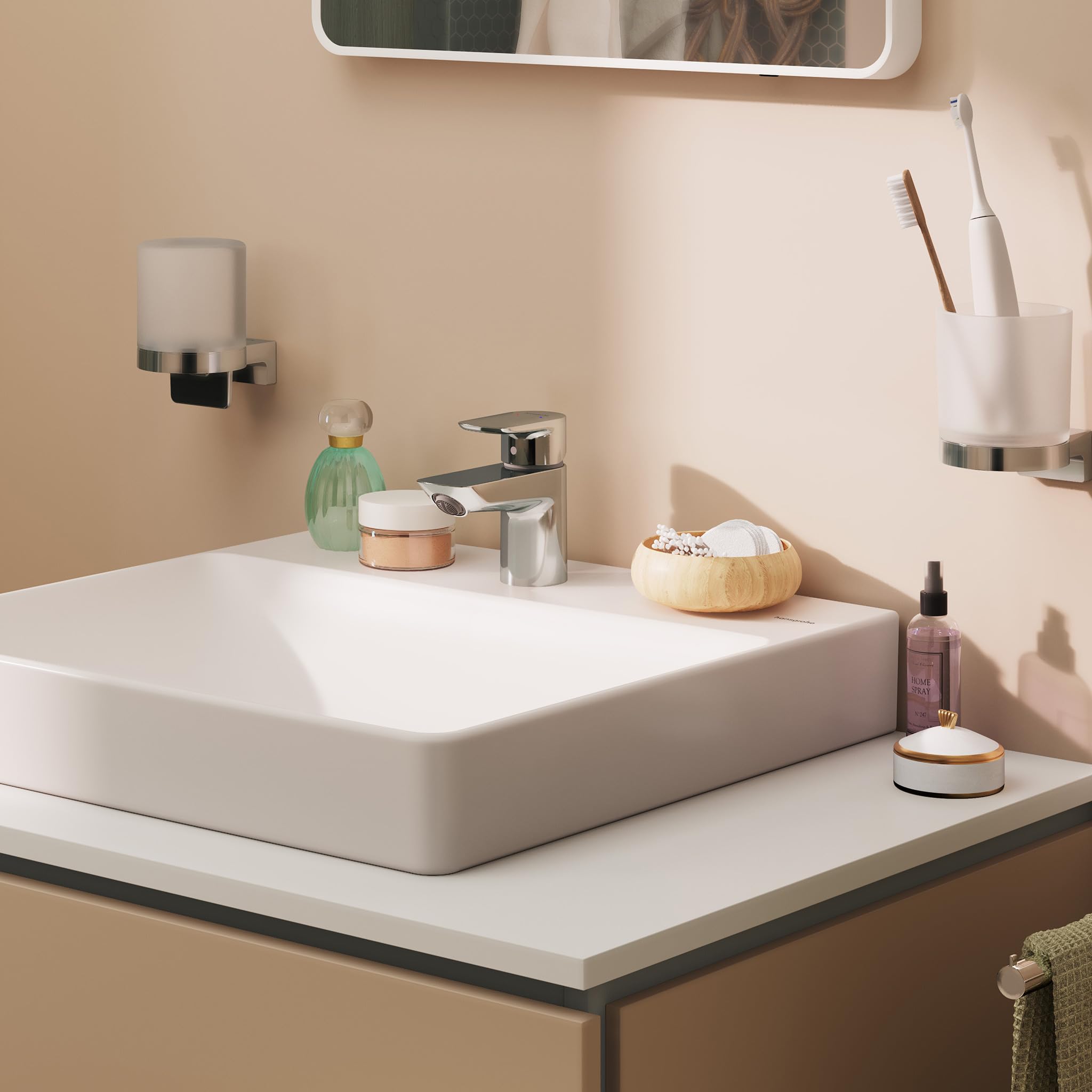 hansgrohe Neovis Q 71346000 bateria umywalkowa z odpływem Push-Open, kran łazienkowy z wylewką, wysokość 63 mm, bateria mieszakowa do umywalki oszczędzająca wodę (EcoSmart), chrom, 71346000