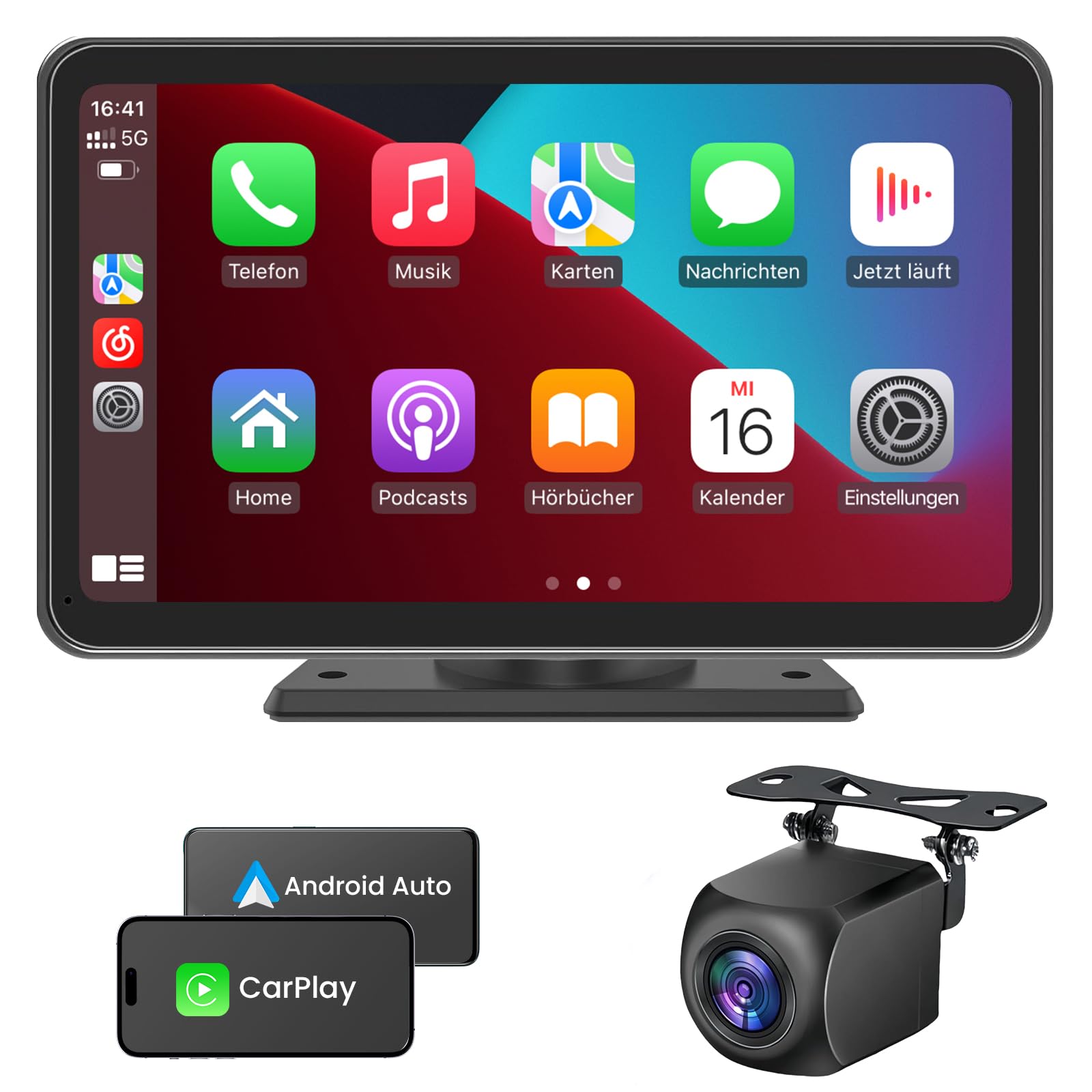 Tragbare CarPlay Display, Wireless Android Auto Monitor, IPS Touchscreen Bildschirm mit Rückfahrkamera, Bluetooth-Freisprecheinrichtung, Siri, Sprachassistent, GPS Navigation, MirrorLink, FM (7 Zoll)
