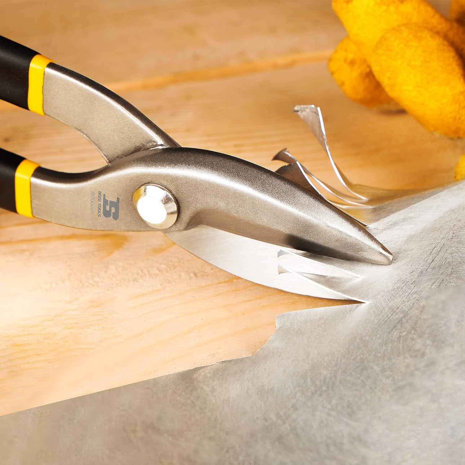 8 Inch Straight Pattern Tin Snips Metal Cutters, High Strength Forged and Heat Treated Carbon Steel with Comfortable Black Rubber Handle