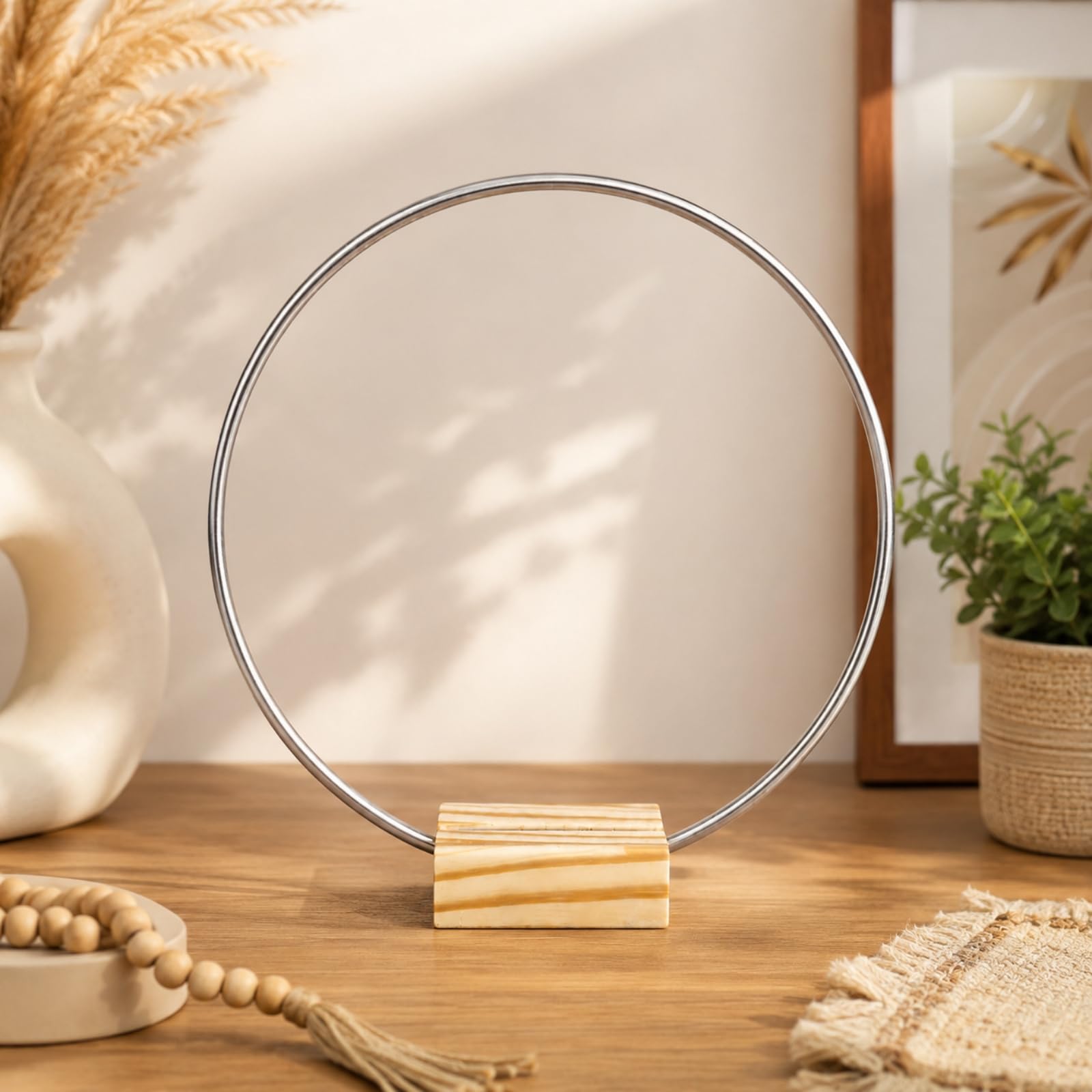 ecofynd 1 Piece Circle 10 Inch Metal Craft Hoops with Wood Holder, Dream Catcher & Macrame Ring for DIY Crafts, Wreath Making, Wedding Decor, Home Table & Wall Hanging Art Decoration (CS5001-SLV)-image-25
