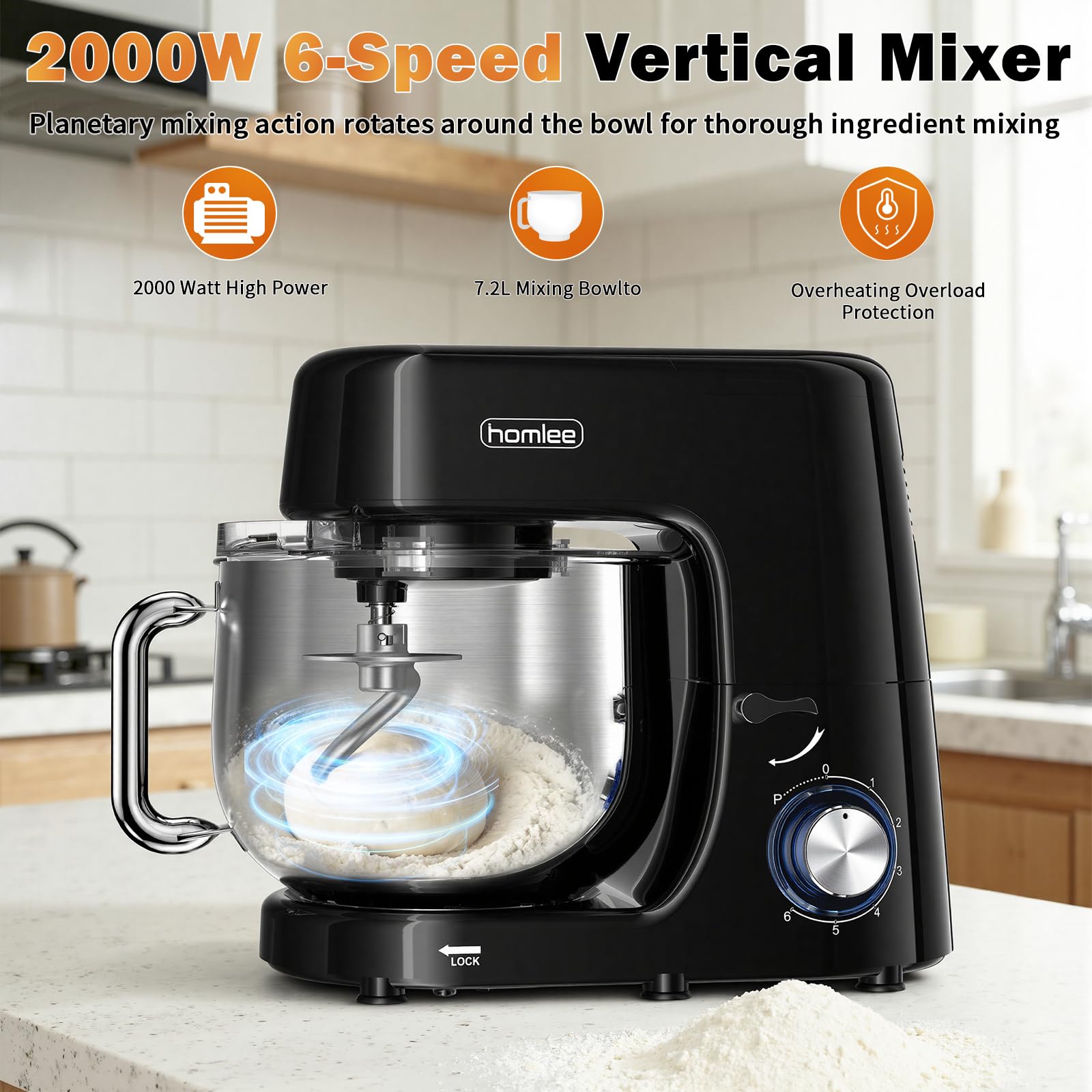 Homlee KüChenmaschine 2000W Knetmaschine,Mit 7.2L EdelstahlschüSsel,6 Geschwindigkeit Pulsfunktion,Mit RüHrbesen RüHrhaken,Spritzwassergeschü Knethaken