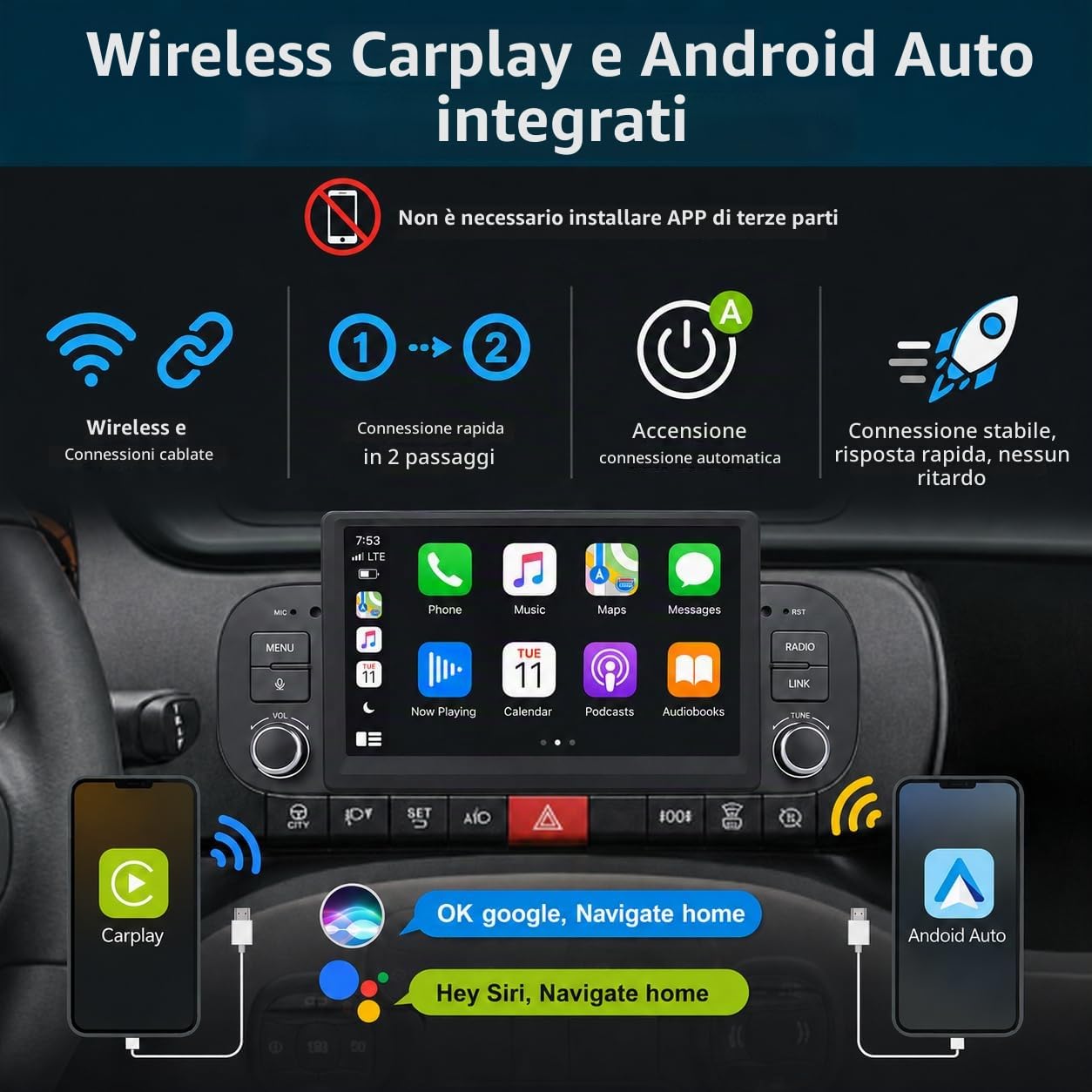 FIAT Panda 2013-2020 Autoradio 1 DIN CarPlay wireless Android Auto DSP RDS | Sistema Linux,avvio rapido 2s,Plug&Play,Bluetooth,CANBUS,comandi volante originali,schermo supporto telecamera posteriore
