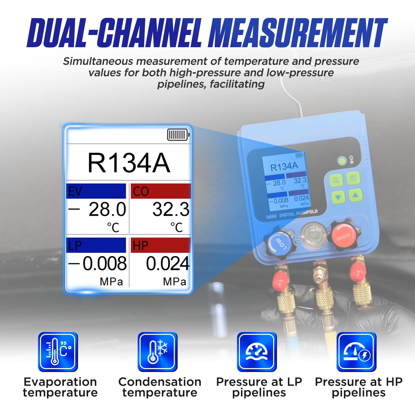 Refrigeration Digital Manifold HVAC Gauge Kit, Vacuum Pressure Temperature Leakage Tester Set for Testing Maintaining Air-Conditioner, Refrigerator - with Test Clip & Pipe (L205)