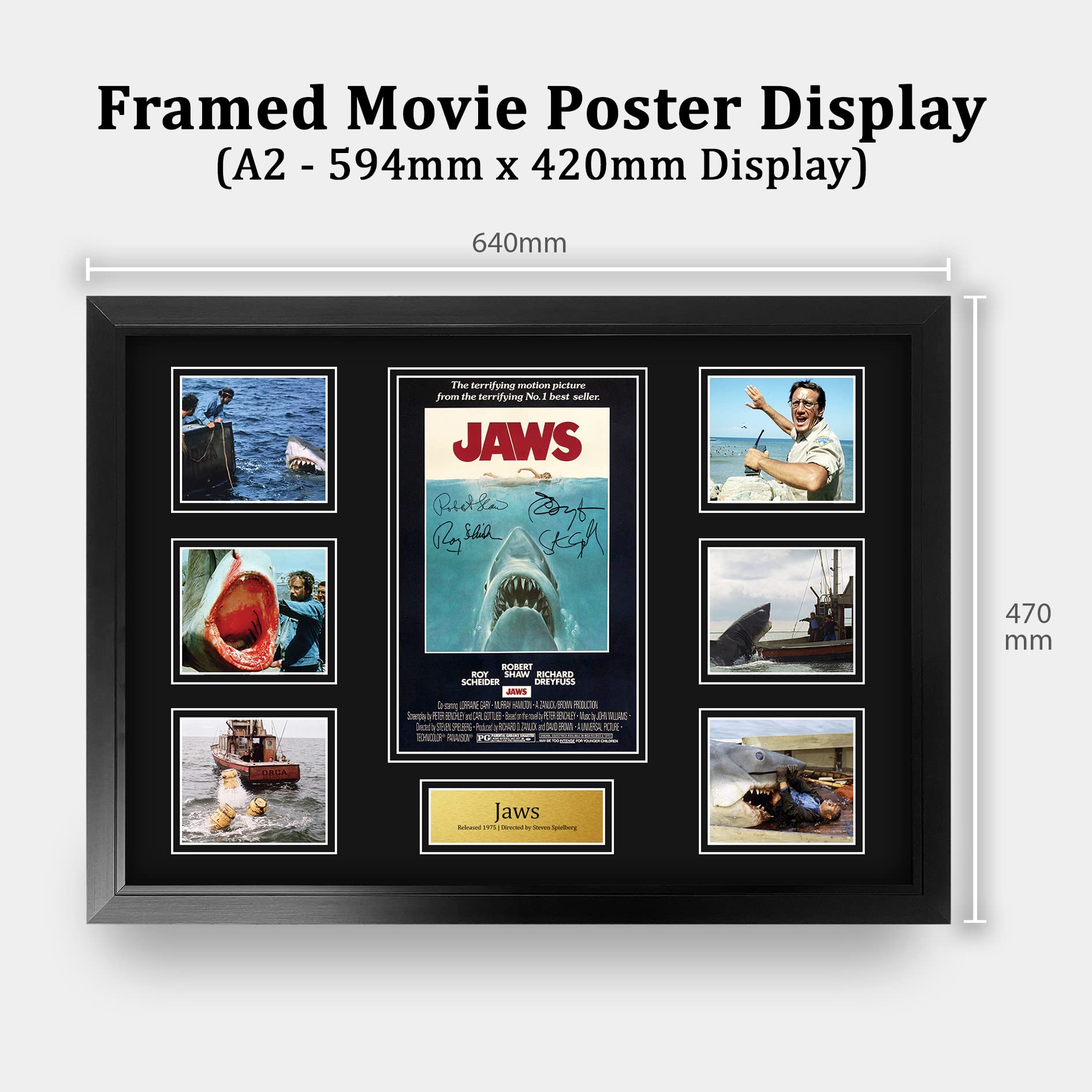 HWC Trading Jaws Gifts Printed Signed Autograph Presentation Display Montage for Movie Memorabilia Fans - A2 Framed