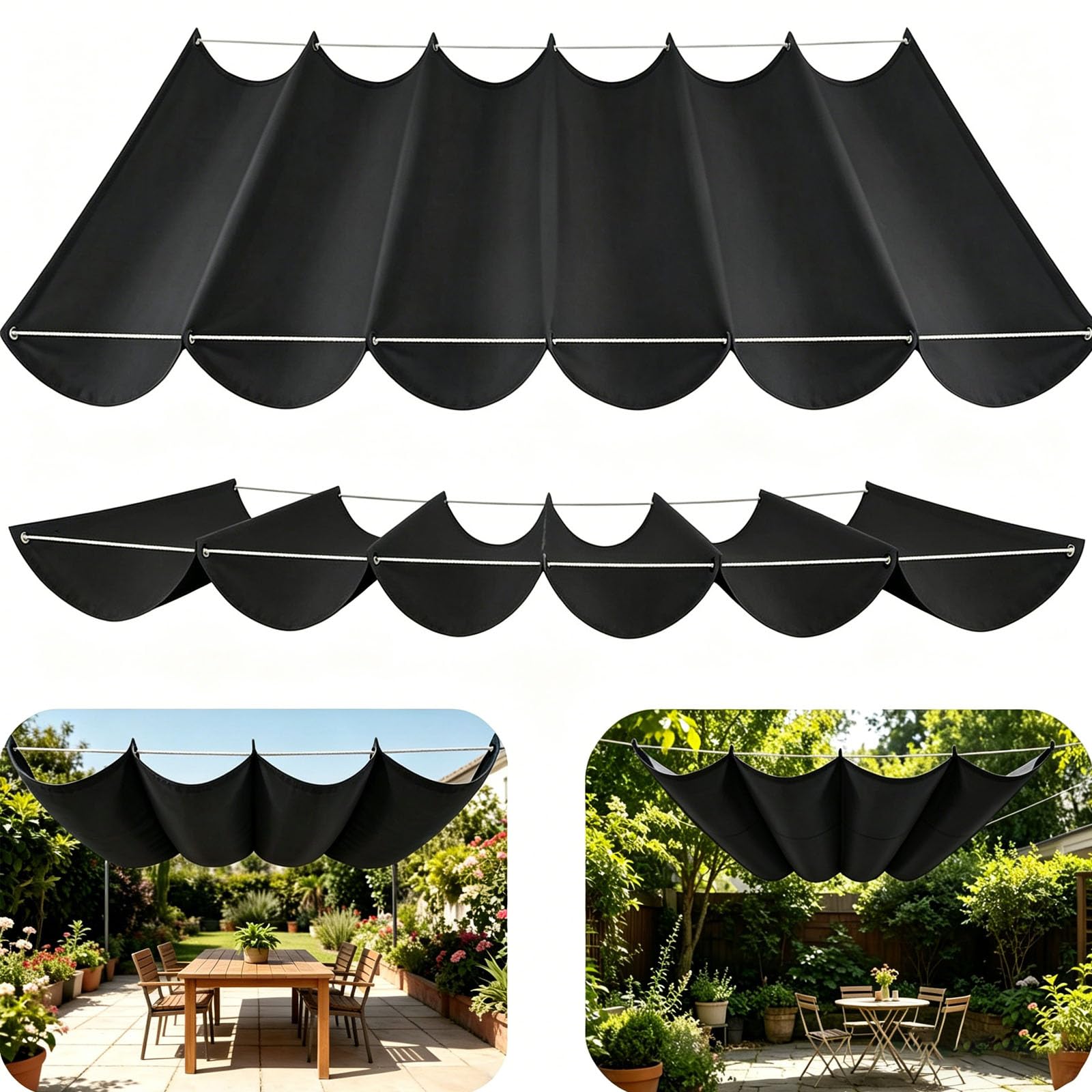 Retractable Sun Sail Shade Canopy for Outdoor Use, Retractable Wave Sun Shade Sail, Wave Design, Thickened Fabric, Block With Rope Patio Awning Cloth Durable Garden Shade Sail-Pure black||180x700cm