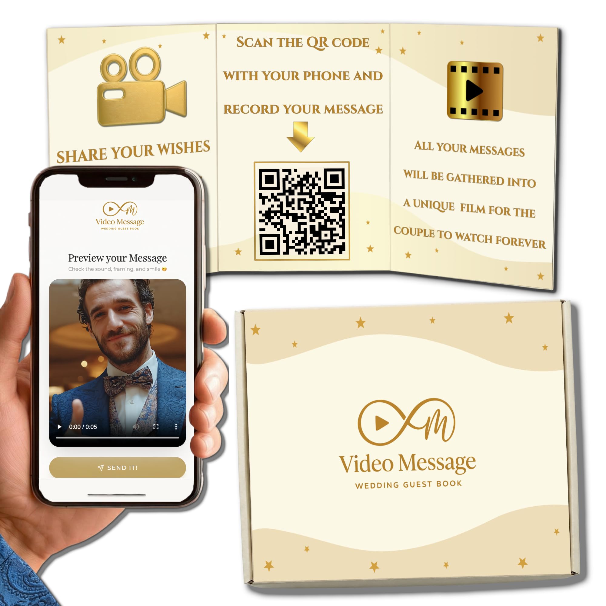 Livre d'or vidéo pour mariage avec code QR – Alternative au livre d'or de mariage, les invités enregistrent des messages vidéo sur leur téléphone, sans application – Film édité en 24 heures – Kit avec