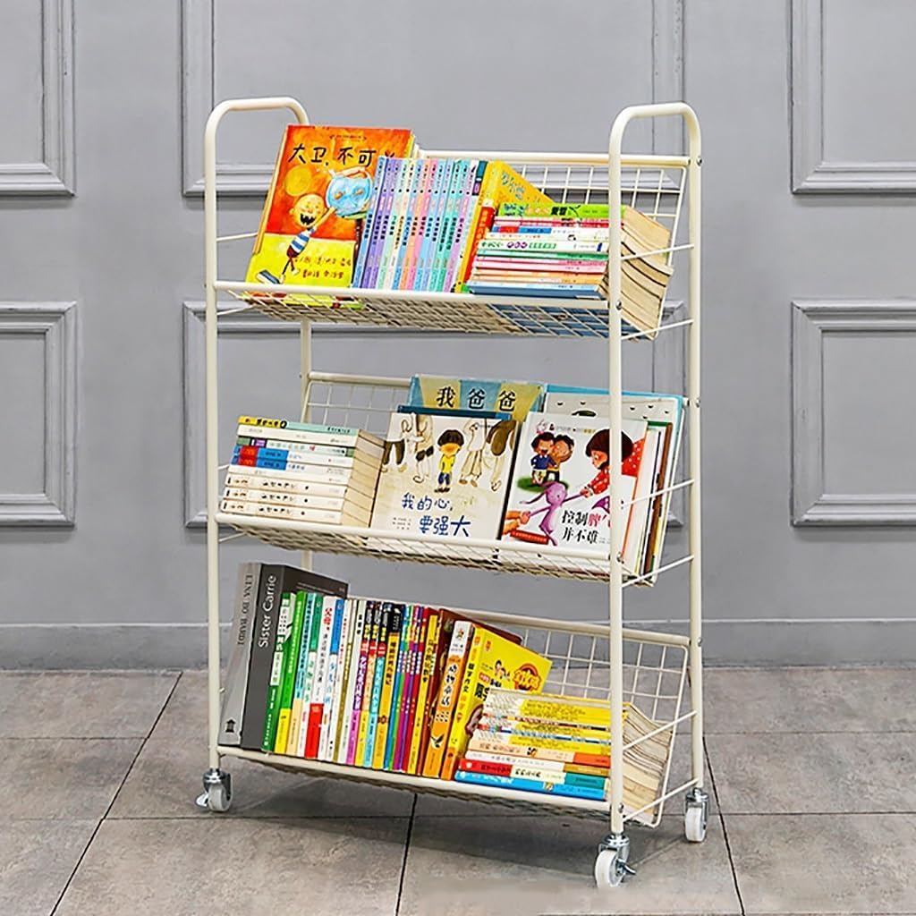 Rolling Book Cart, Moveable Bookshelf Organizer, Metal Shelving with Wheels, Multifunctional Storage Trolley Bookcases for Office, Classroom, Library, 3-Floor Design