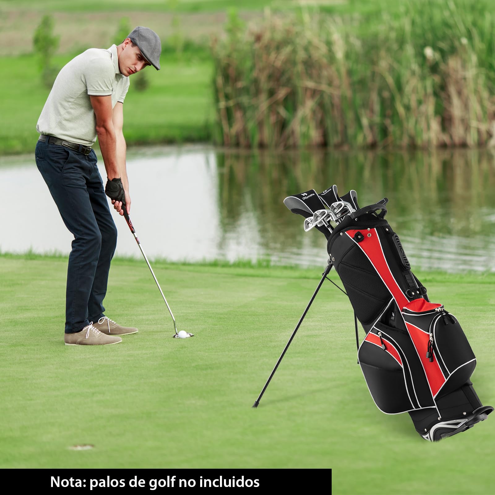 COSTWAY Bolsa de golf, Bolsa de Palos de Golf con 5 Divisores, 7 Bolsillos con Cremallera, Paragüero, Bolsa de Golf Ligera y Portátil con Correa para el Hombro (rojo)