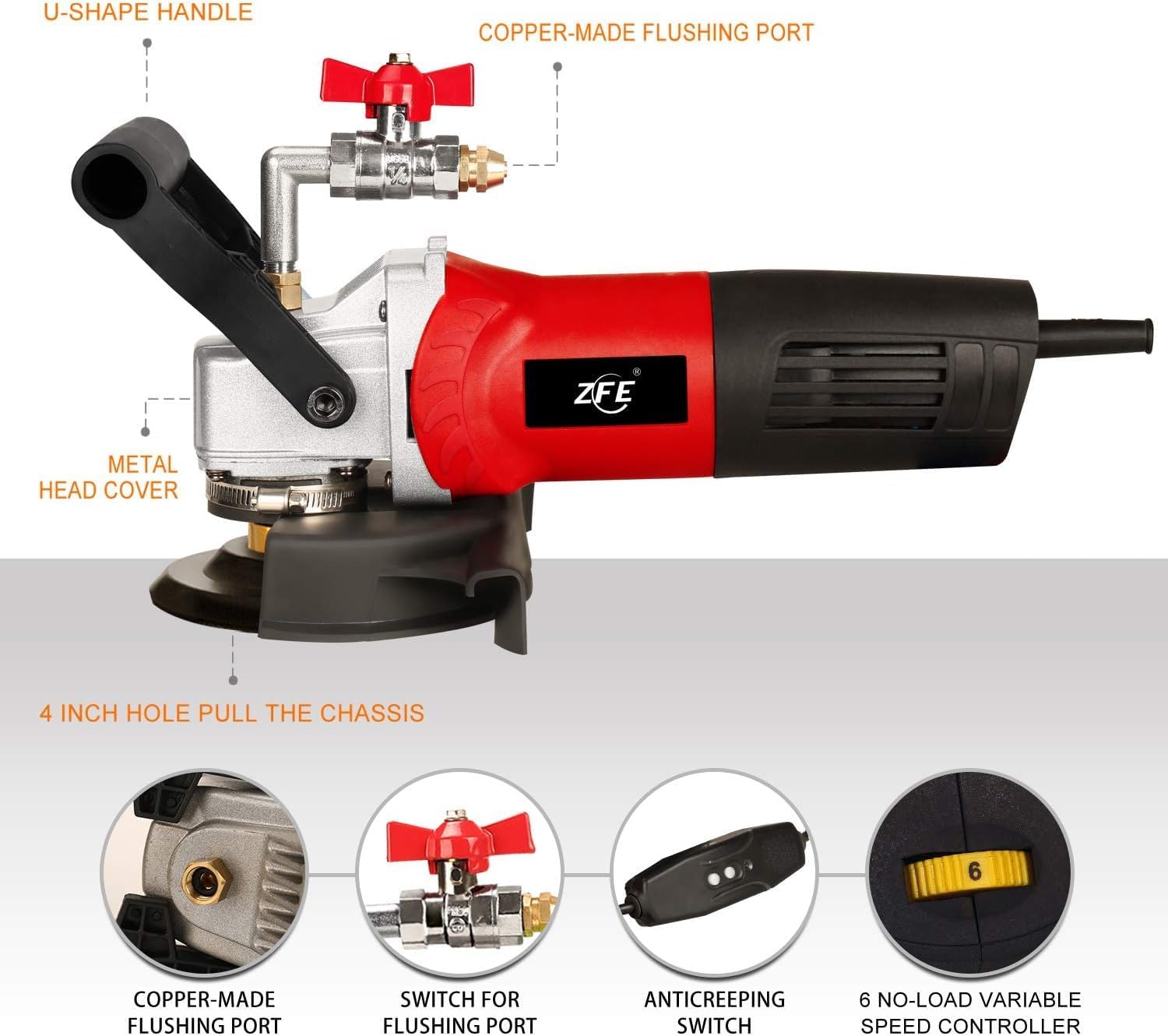 800W/110V Variable Speed 4'' Wet Polisher / Grinder & Granite Diamond Polishing Pads Concrete Polisher Stone Polisher for Granite/Marble/Concrete/Stones (PA0001000-2)