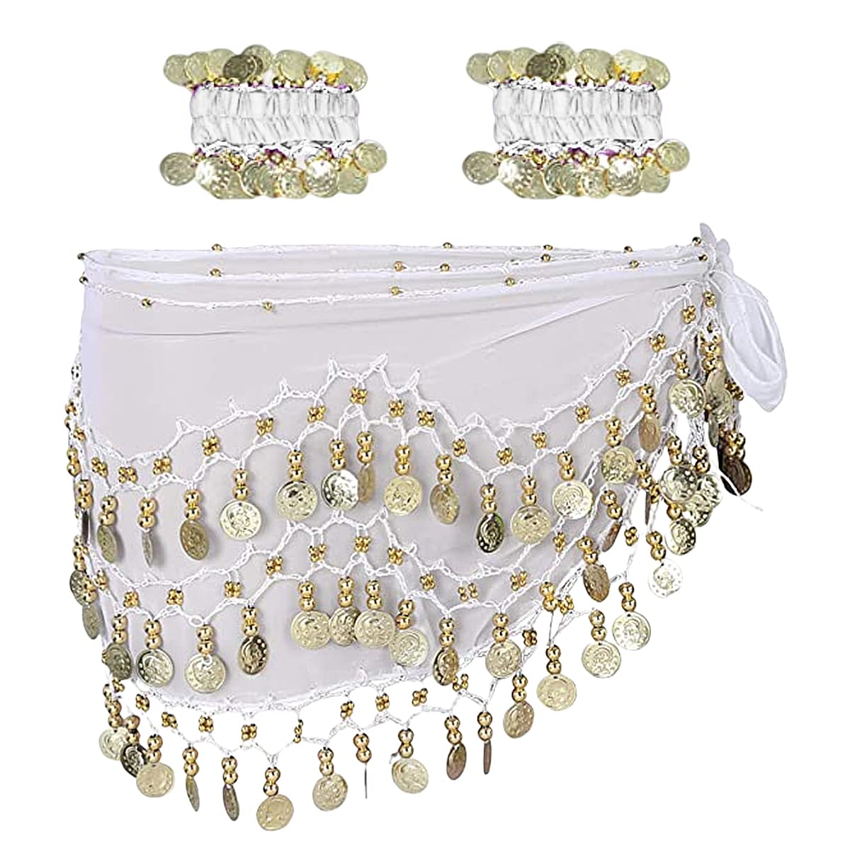 Belly Dance Hip Scarf with Bracelet, 128 Coins Belly Dance Skirt Wrap Belt with Wrist Ankle Bracelets, Dance Skirt Belt Waist Chain for Belly Dance, Zumba or Yoga Class, Performance Costume White