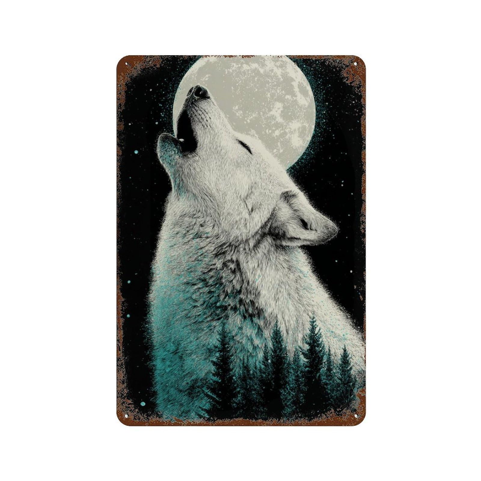 Garage Style Wolf Howling at Moon Poster Rust Effect Tin Sign 11.8"x7.9", Rustic Home Decor for Bar And Workshop