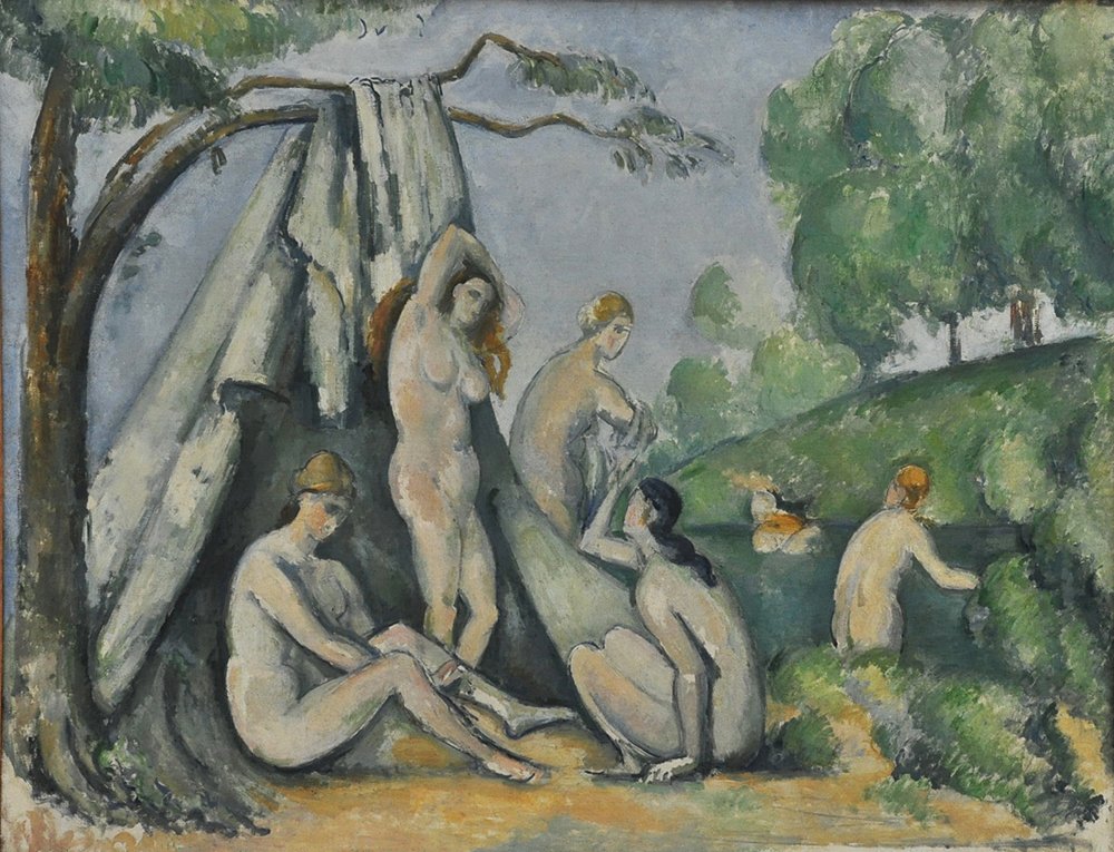 Tableau Paul Cézanne Bathers in Front of a Tent grand format avec cadre marron encadré