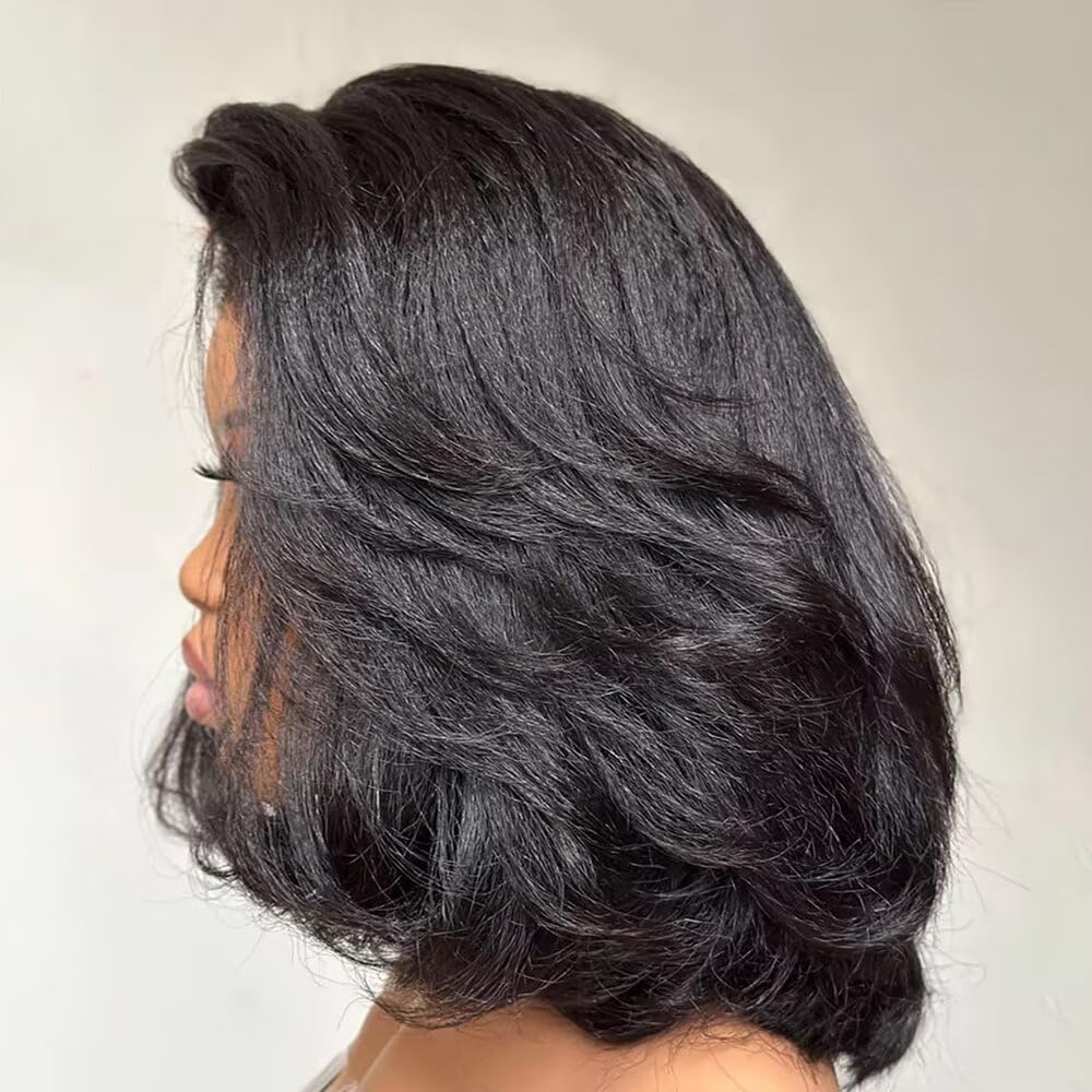 Black Color 4C Kinky Edges Curly Baby Hair Yaki Side Part Straight Bob 13X4 HD Lace Front Pixie Cut Layered Wavy Wig Glueless Human Hair Pre Plucked Bleached Knots 180 Density Black Woman 10"