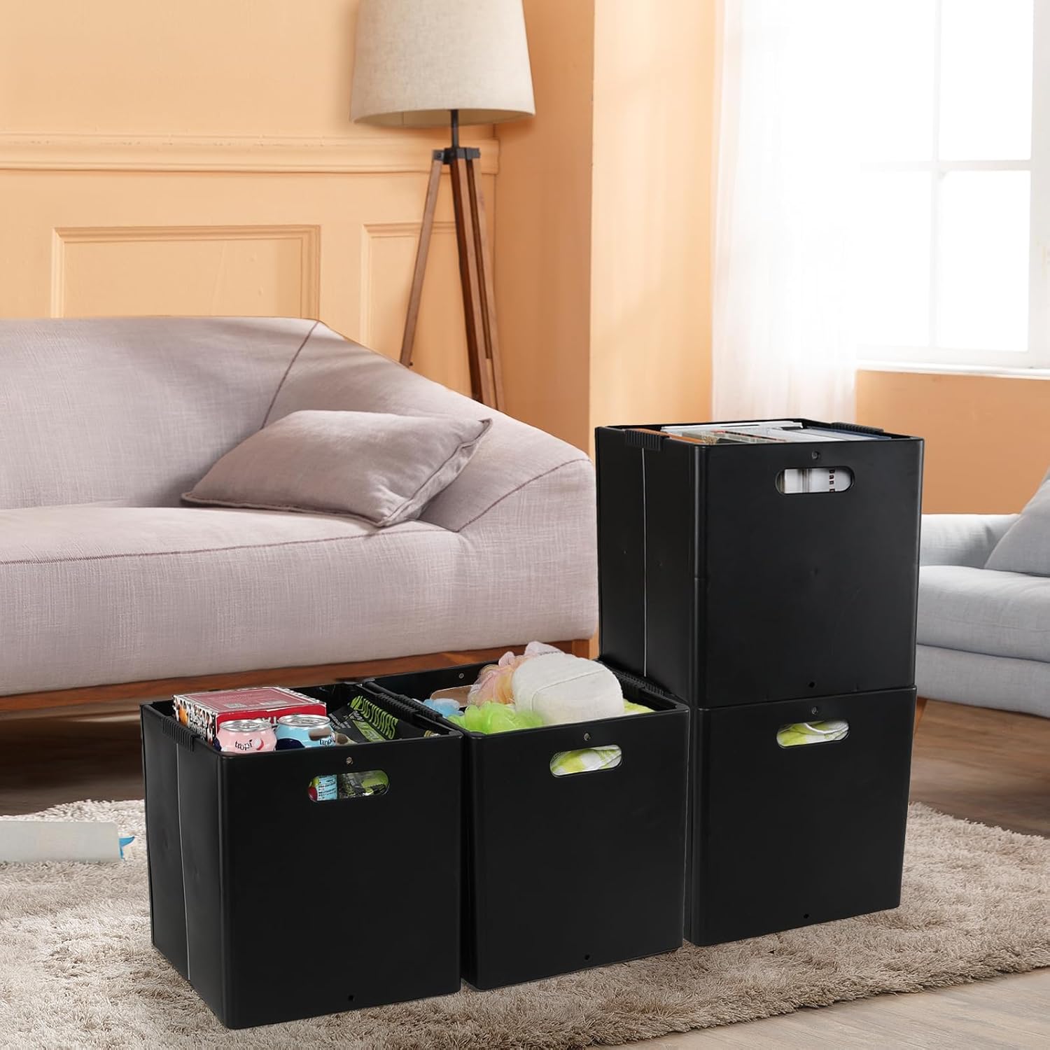 4 Packs Collapsible Plastic Storage Cubes, 20 Quart Black Folding Cube, Open Top Storage Bin - Image 3