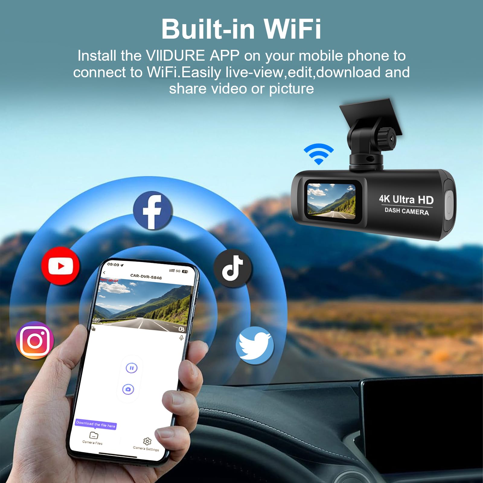 Dash Cam Auto 4k + 1080P, WiFi Dashcam Telecamera per Auto Atti Vandalici con Visione Notturna Migliorata, Sensore di Gravità, Registrazione in Loop, WDR