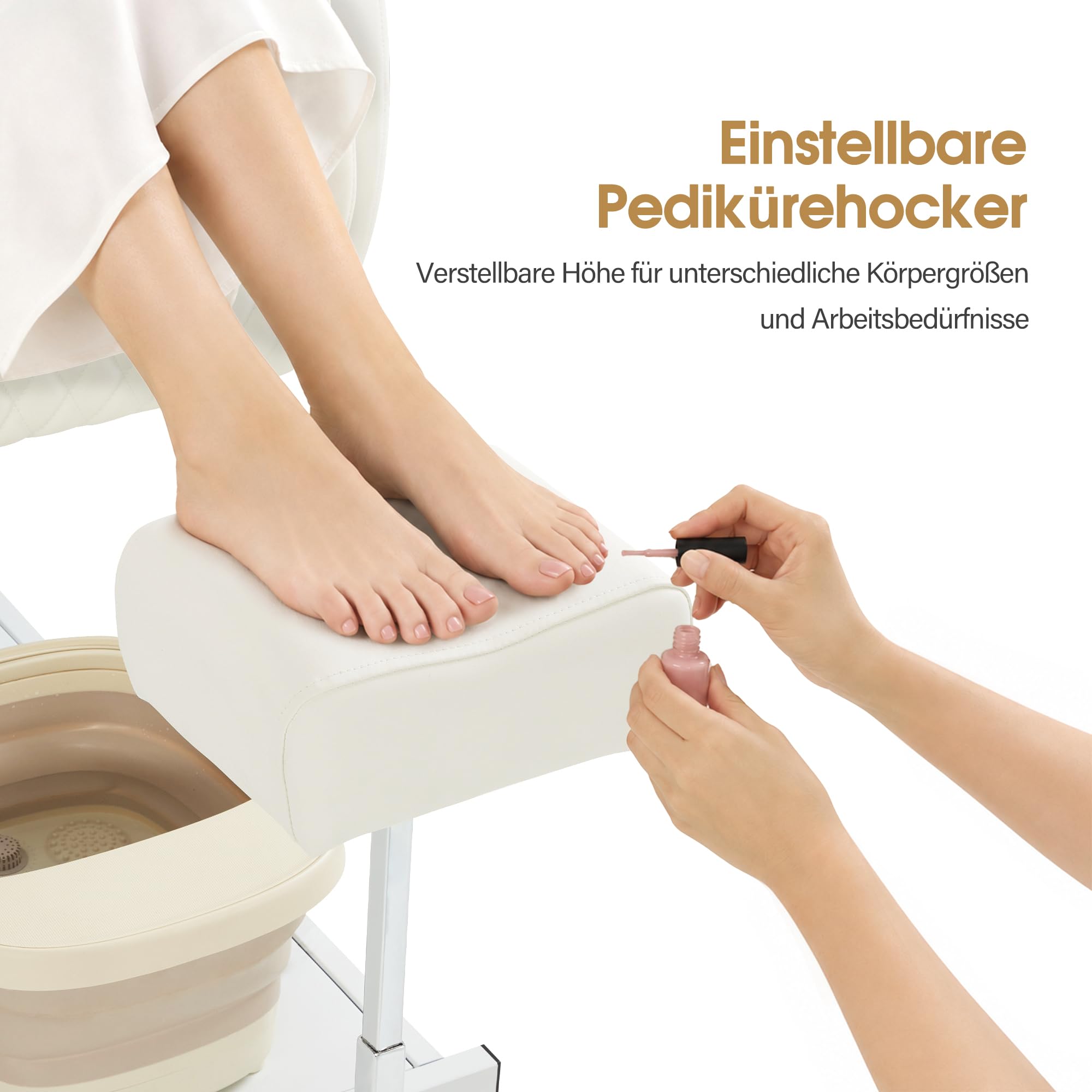 Barberpub Pediküre Stuhl mit Fußbadewanne & Pediküre Hocker, Friseurstuhl mit Goldlackierten Armlehnen, Höhenverstellbar & Kippbar, Fußpflegestuhl für Nagelstudio F0325 (Gold-Weiß)
