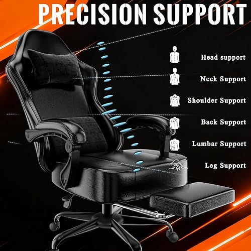 Miniatura 6 de Silla ergonómica para juegos con cojín de resorte con bolsillos, silla de computadora de tela transpirable con reposapiés, soporte lumbar ajustable,