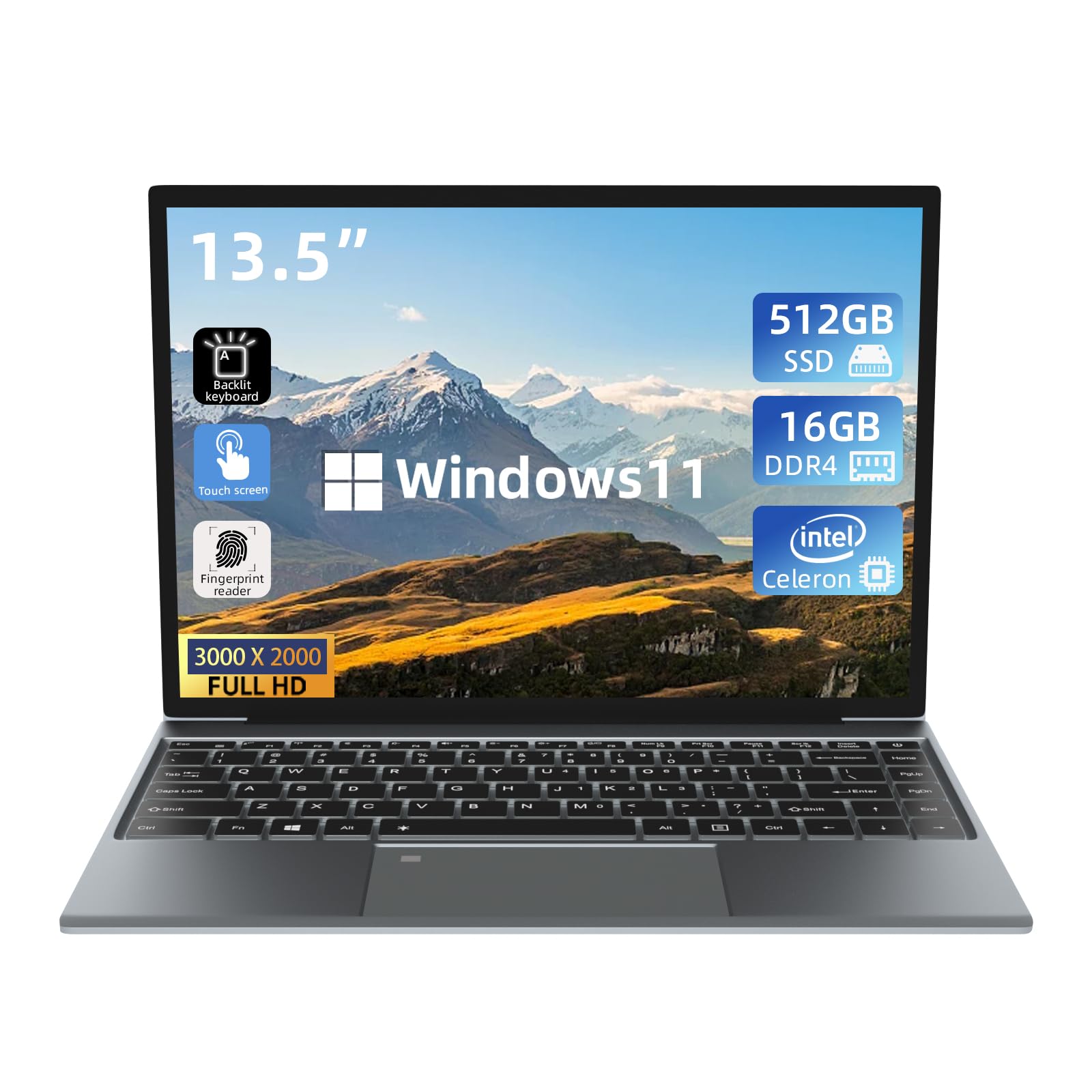 Win11 Touch Screen Laptop, 13.5 Inch N5095 2.9 GHz Quad Core 16GB RAM 512GB SSD, 3K 3000 * 2000 IPS Display, Thin & Light Notebook PC, Backlit Keyboard, Finger Print, All-Metal Body, WPS