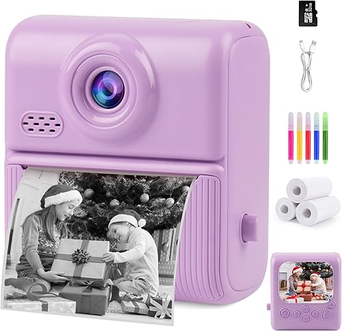 Kids Instant Print Camera,1080P Digital Camera for Kids with 32GB Card & 3 Rolls Printing Paper,4 6 7 8 9 10 Year Old Girls Boys Christmas Birthday Gifts, Instant Print Toys for Girls 6-8 8-10(Purple)
