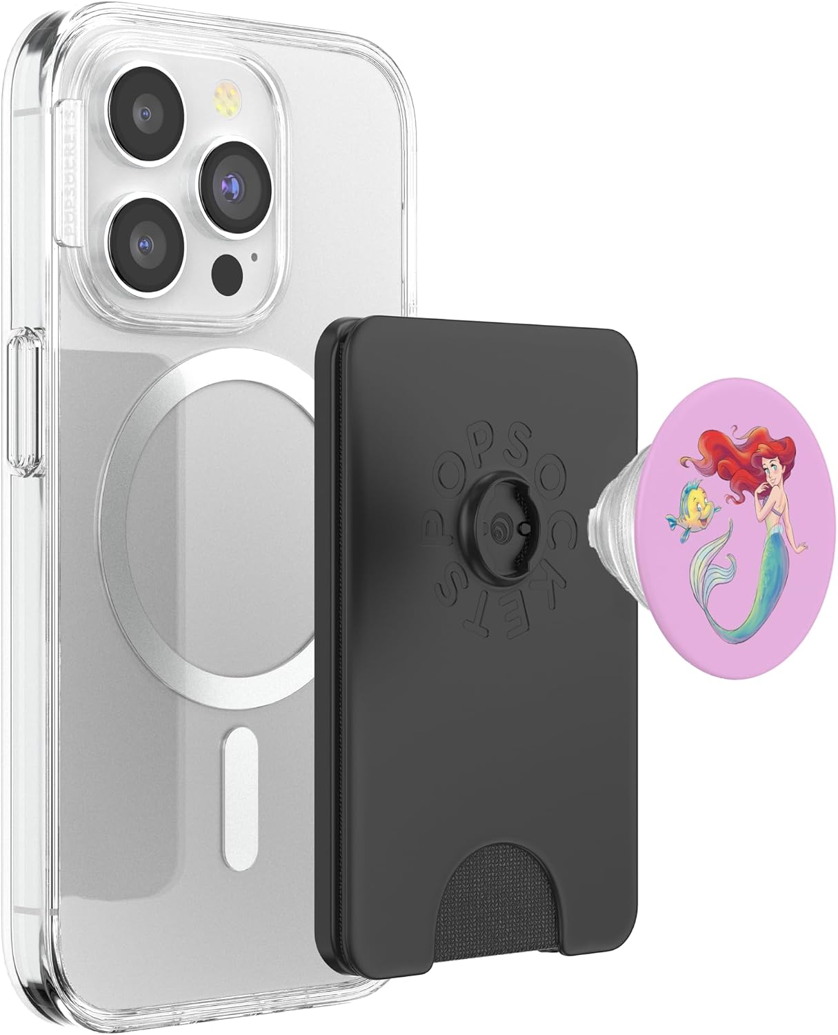 Disney The Little Mermaid Ariel and Flounder Pink Ocean PopSockets PopWallet for MagSafe
