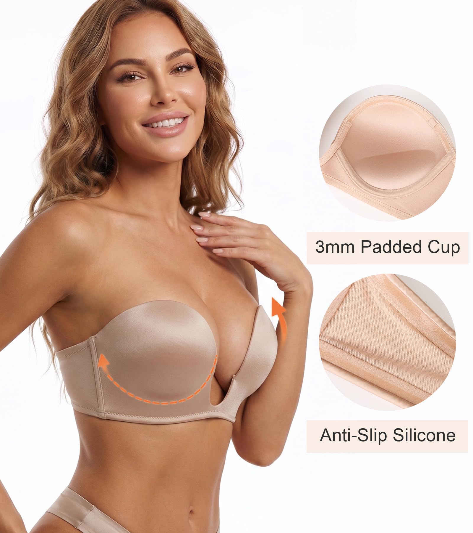 Lemorosy Soutien-gorge rembourré convertible push-up sans bretelles pour femme avec décolleté plongeant en V profond Rouge, nude, 95 B (Taille Fabricant:36B)