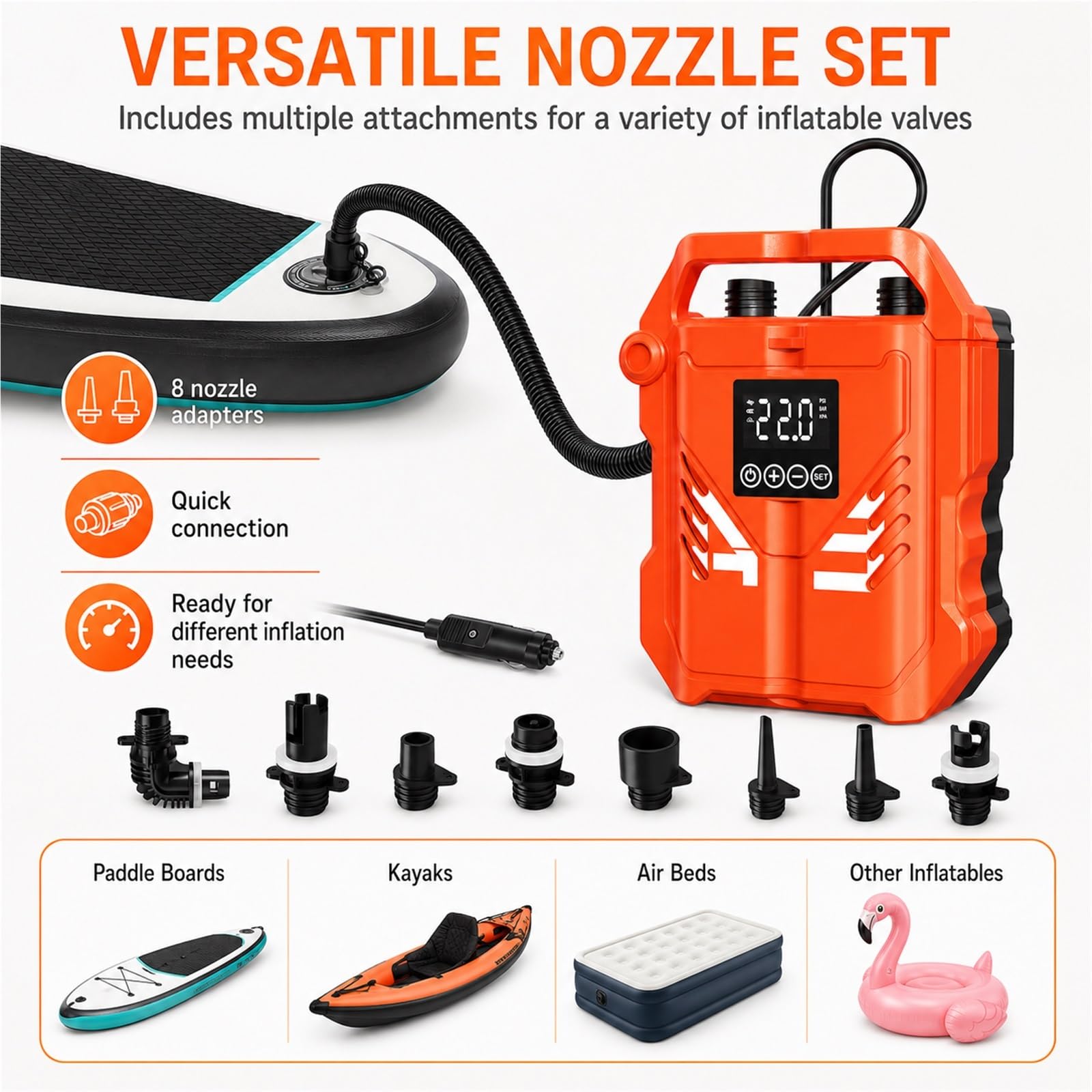 Pompka elektryczna do deski SUP 22PSI 12V LCD dwustopniowa AP-883L | Zasilanie 12V, 8 wymiennych dysz, do desek SUP i pontonów, ekran LCD, automatyczne wyłączanie