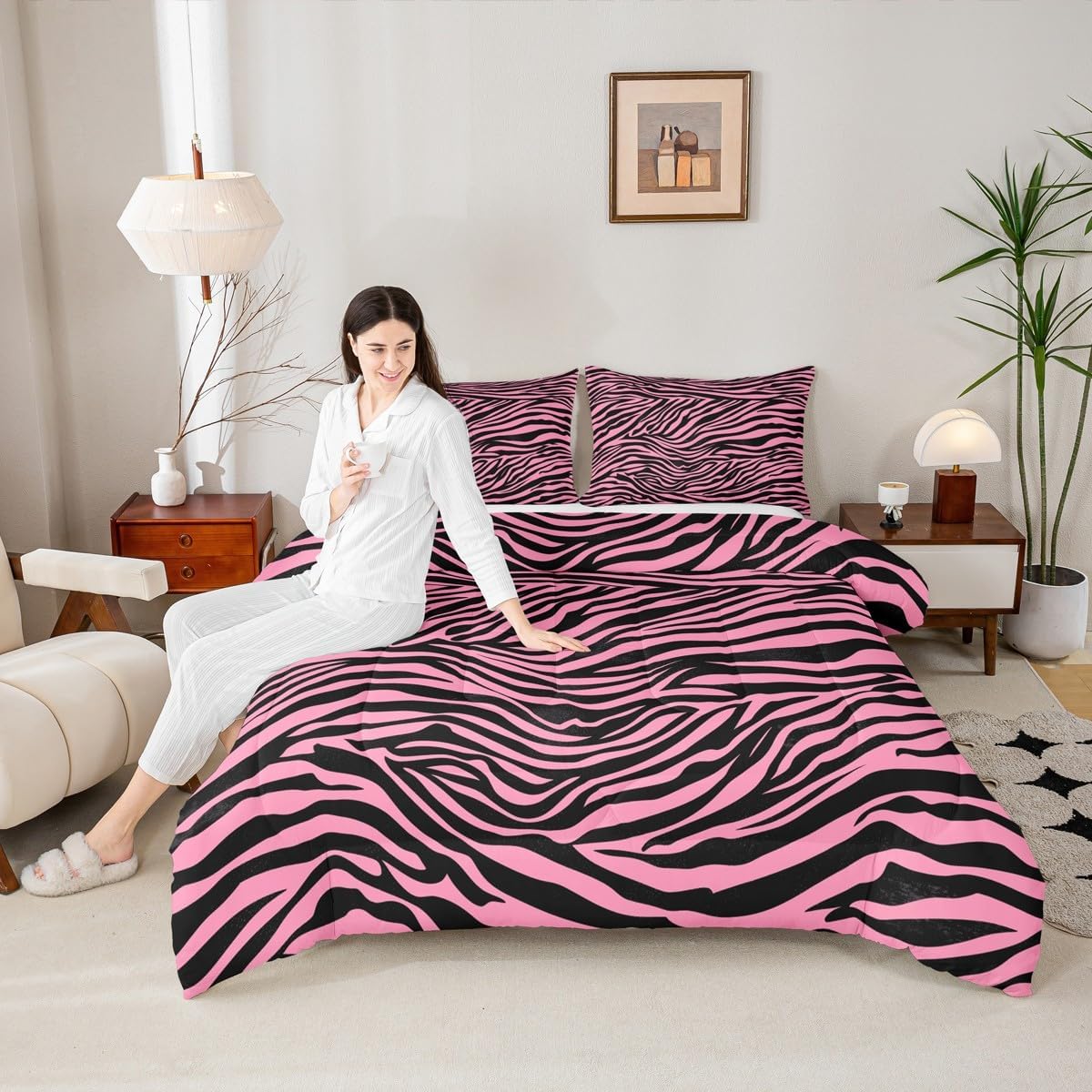 Feelyou Kids Zebra Comforter Set Full Size Leopard Duvet Quilt for Boys Girls Teens Black Pink Animal Print Bedding Set Simple Modern Stripes Bedroom Decor Breathable Soft Lightweight Microfiber 3Pcs