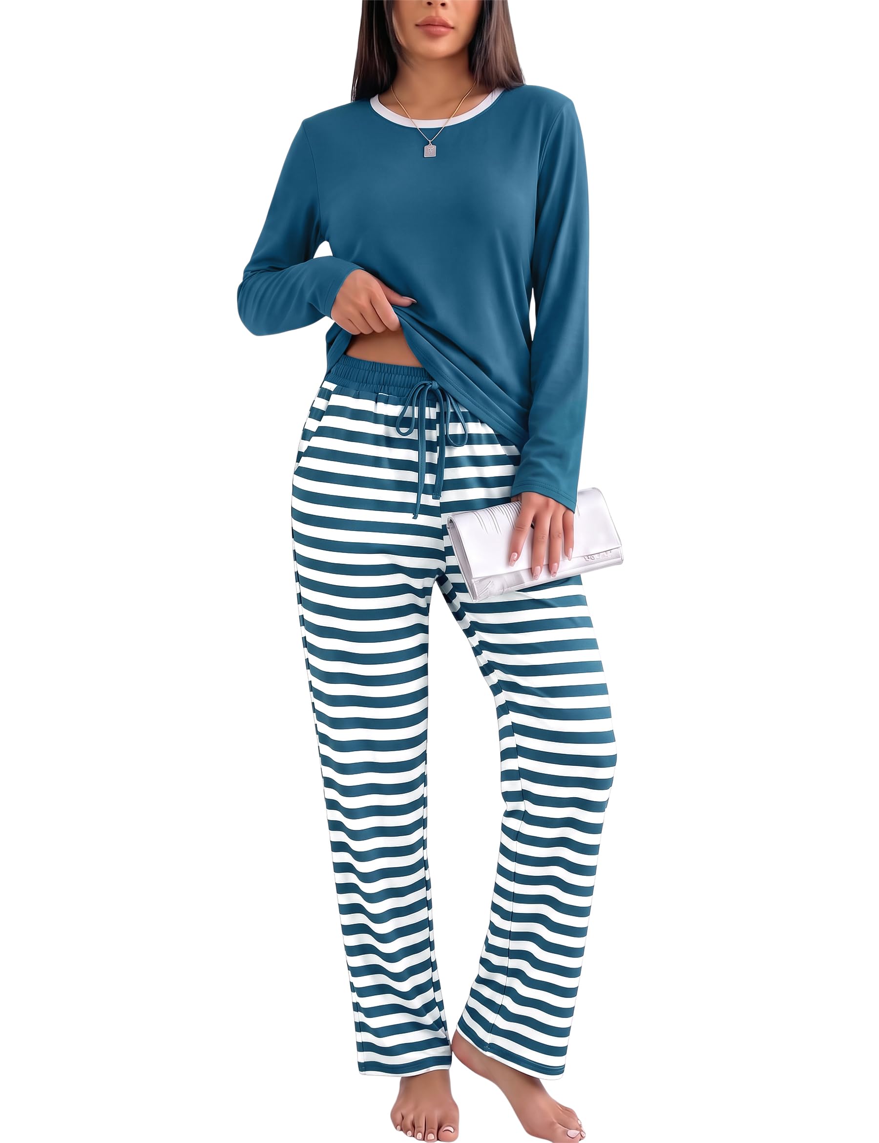 Uniexcosm Damen Schlafanzug Langarm Nachtwäsche Loungewear S-3XL | Damen Schlafanzug mit Langarm-Oberteil, gestreifter Hose und 65% Baumwoll für Nachtwäsche und Zuhause