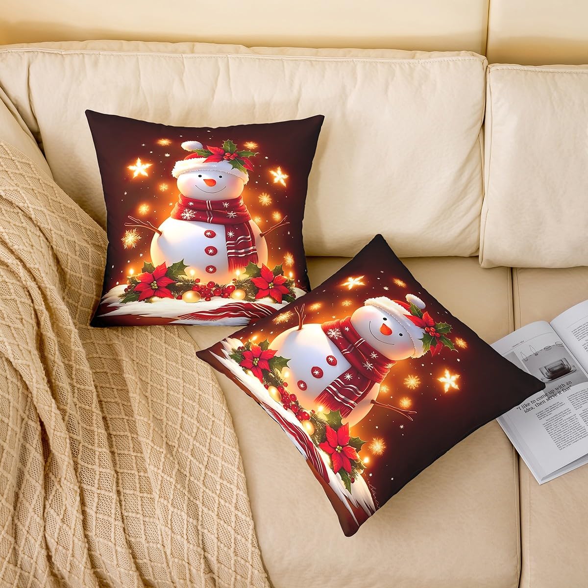Homemissing Fundas de almohada reversibles de Navidad de 50 x 50 cm, fundas de almohada cuadradas de muñeco de nieve navideño, juego de 4 fundas de almohada de copo de nieve, fundas de almohada rojas