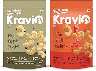 Kravio Premium Thai Chilli & Black Pepper Roasted Cashew Nuts (2 X 200g) | Zero Cholesterol Natural Jumbo Size Whole Kaju Price In India