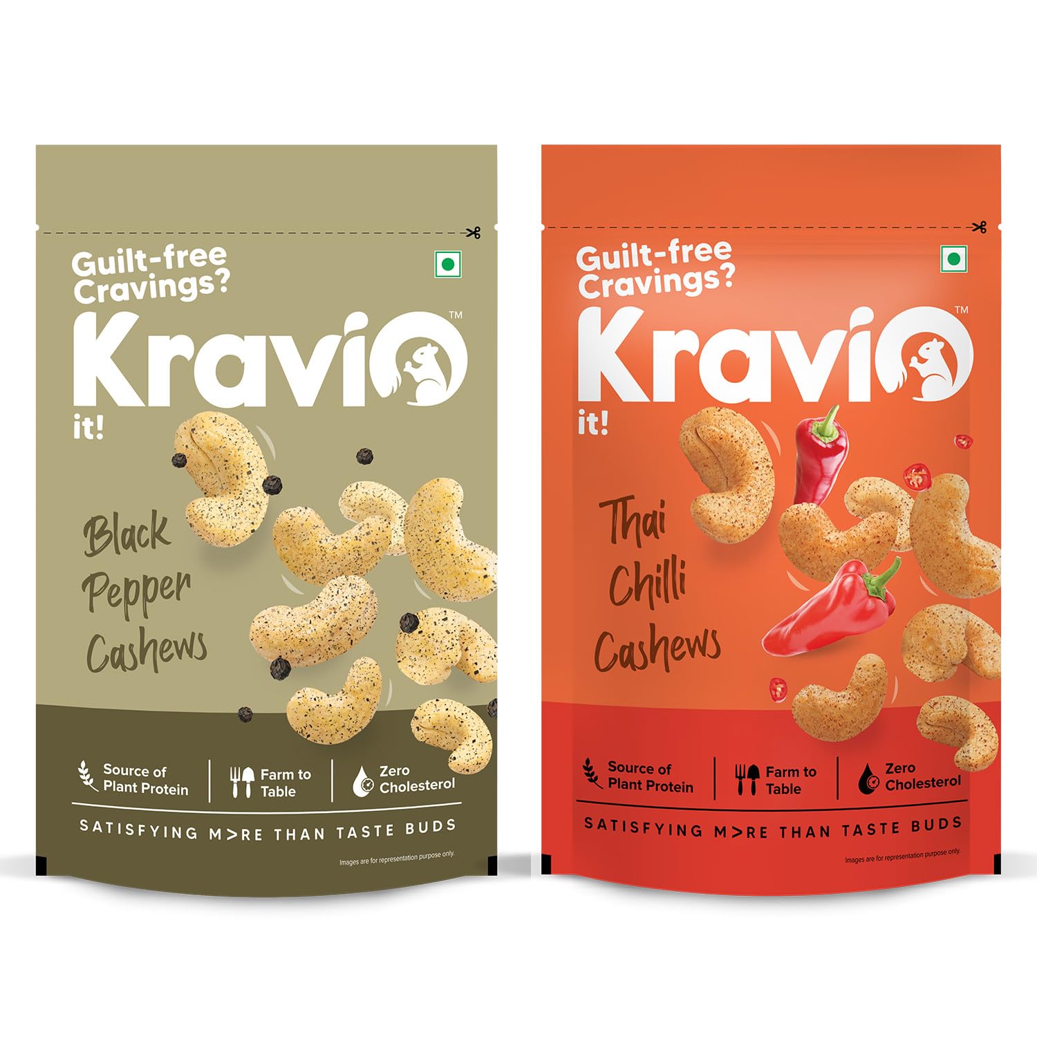 Kravio Premium Thai Chilli & Black Pepper Roasted Cashew Nuts (2 X 200g) | Zero Cholesterol Natural Jumbo Size Whole Kaju Nuts & Dry Fruits | Rich in Protein, Roasted Crunchy Delicious Healthy Snacks