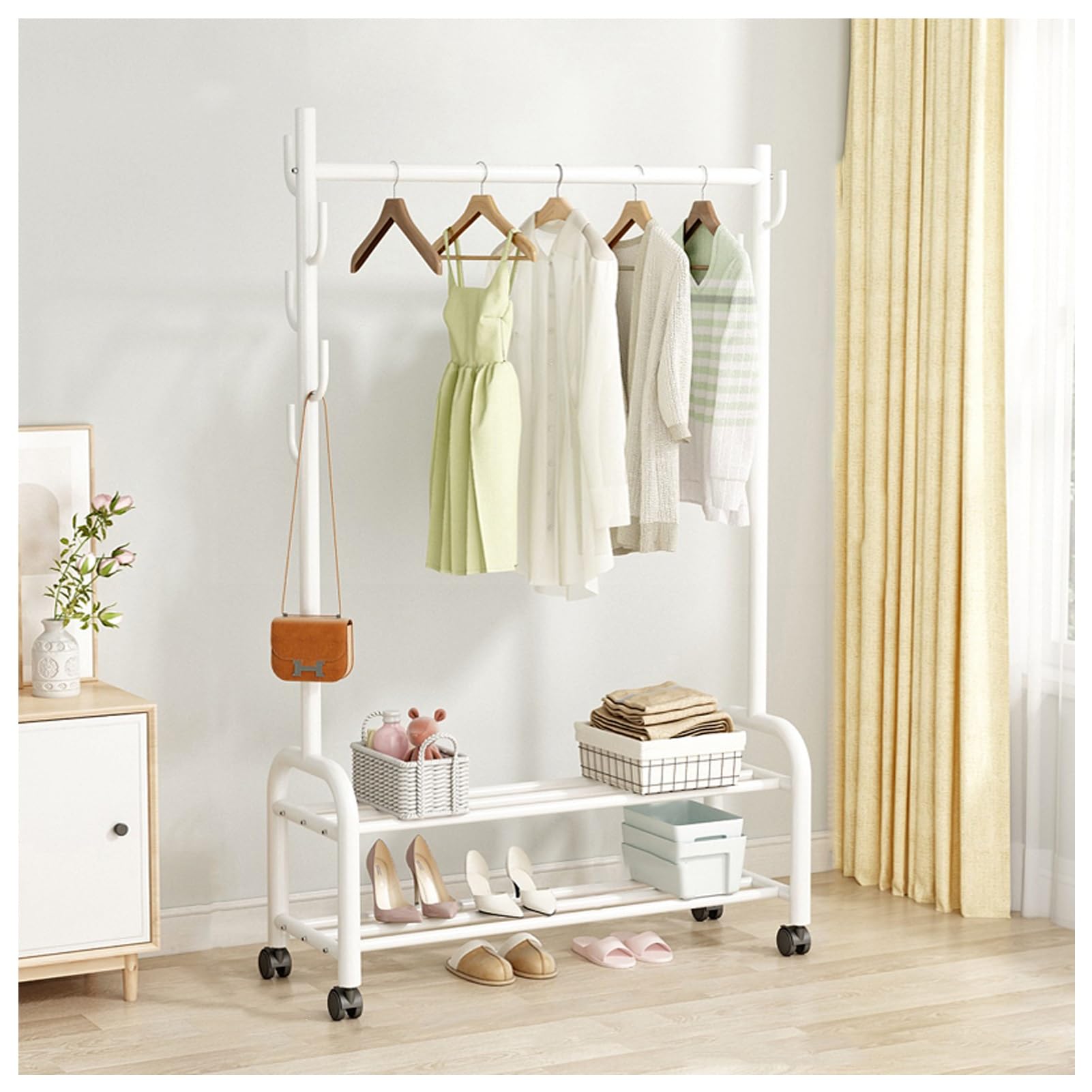 Aycdl White Metal Clothing Rack With 2-Tier Storage Shelves Heavy-Duty Rolling Garment Stand With 7 Hooks For Basement Attic Entryway Bedroom Max Load 100Kg,-100Cm