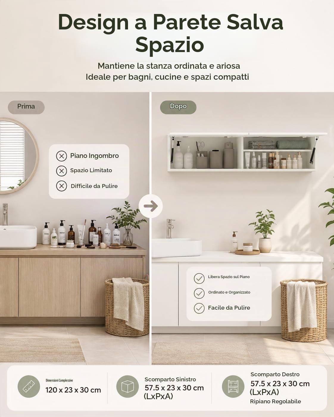 Pensile Bagno Sospeso 120 cm Bianco con Ripiano Regolabile