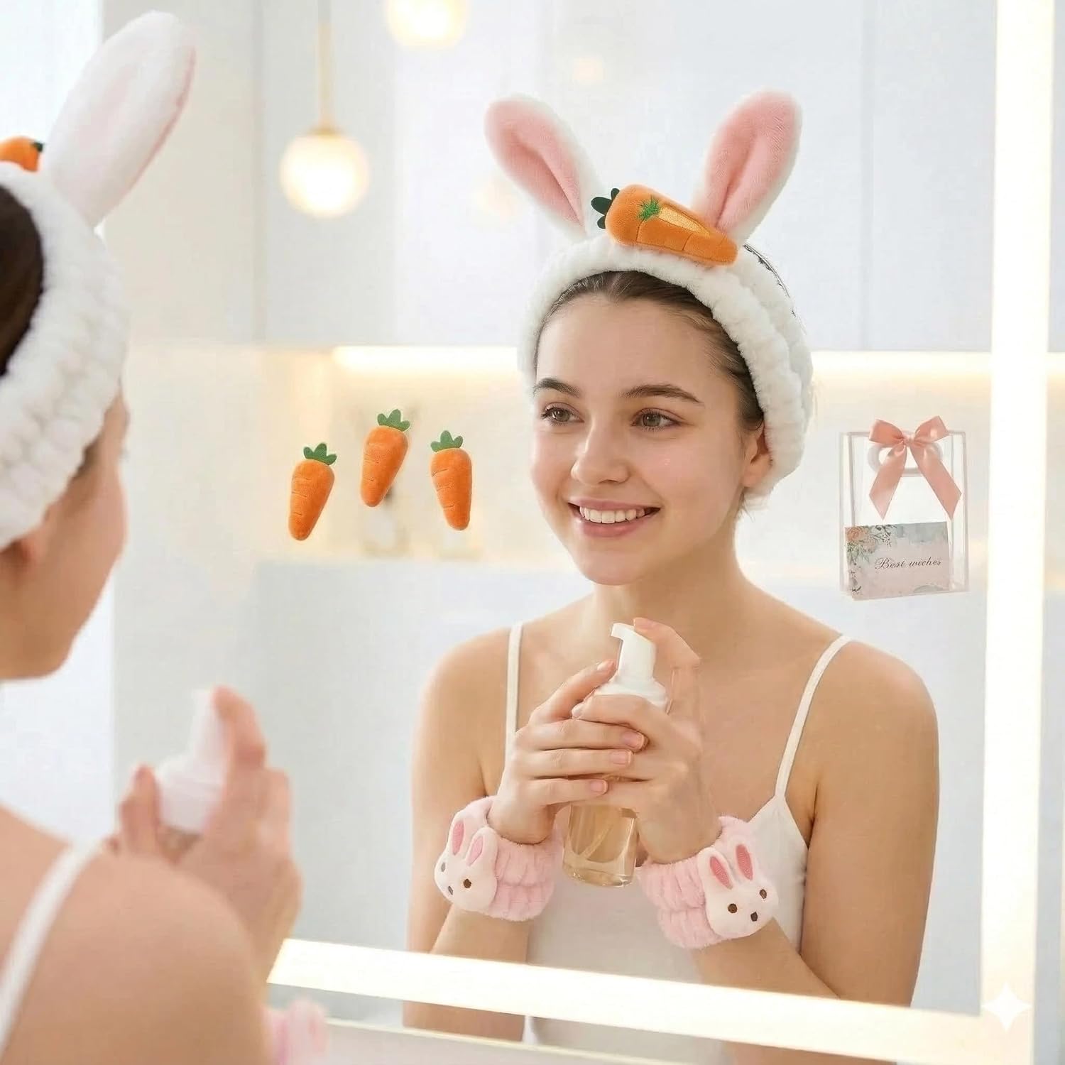Cute Bunny Ears Spa Headband and Wristband Set for Face Washing, Ultra-Soft Microfiber Skincare Headbands to Stop Drip, Fluffy K-Beauty Accessory Gifts for Women & Girls, Pink