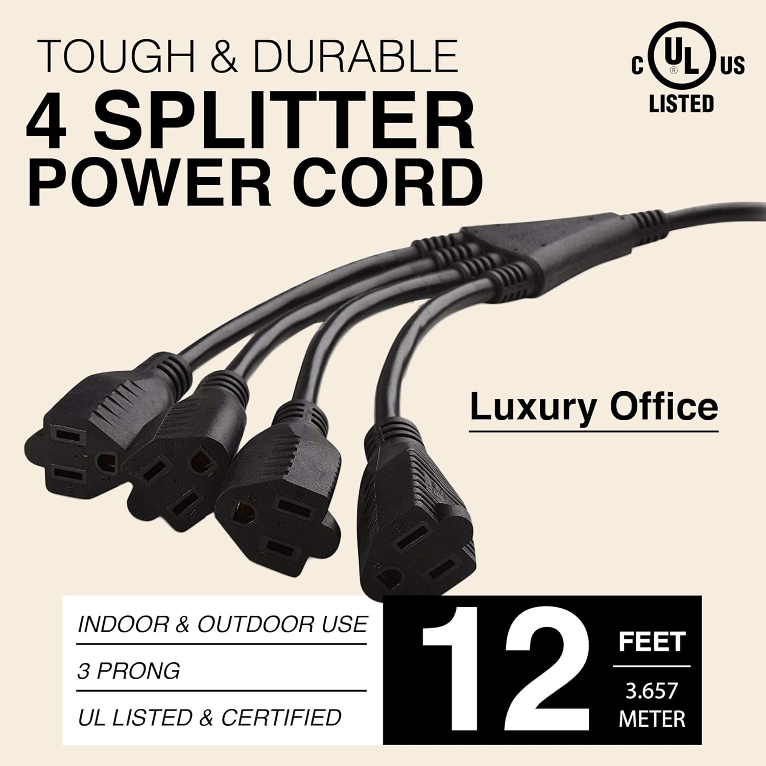 4 Way Power Splitter - 1 to 4 Extension Cord Splitter, 12' Long Extension Cord, Outlet Splitter 3 Prong, Power Strip Outlet Plug, Y Style Extension Cord, Black, SJT 16 AWG by Luxury Office (3 Cables)