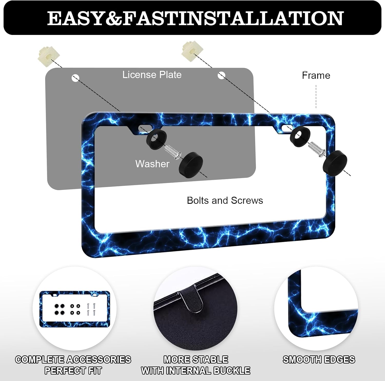 Cool Lightning License Plate Frame - 2PCS Thunder Funny Stainless Steel Metal License Plate Holder, Rust-Proof Waterproof Car Decorative Tag Frames image 3