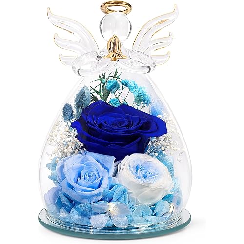 FIACO Gifts for Women Birthday Preserved Rose Forever Flower in Glass Angel Figurines Fresh Flowers for Delivery Prime for Mom Real Roses for Grandma Sister Wife Her from Daughter