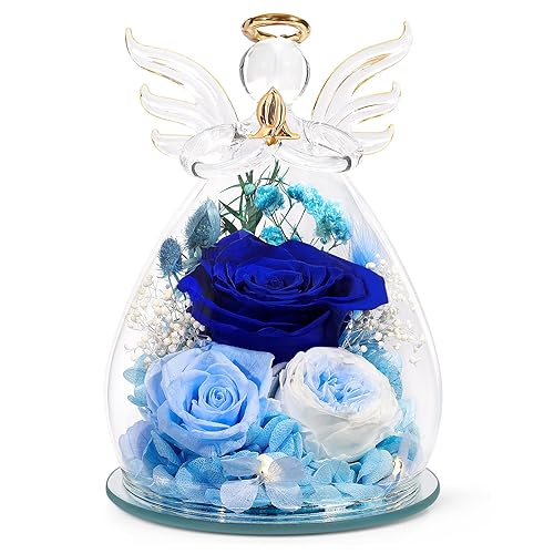 Gifts for Mom Mothers Day Birthday Gifts for Women Preserved Rose Forever Flower in Glass Angel Figurines Fresh Flowers for Delivery Anniversary Real Colorful Roses for Grandma Her Wife from Daughter