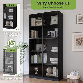 Bobve 78.7 Display Cabinet with 4 Glass Doors, 5 -Tier Storage Cabinet with APP Control LED Lights, Tall Black Bookcase with Storage, Wooden Display Case for Collectible, Living Room, Office(Black)