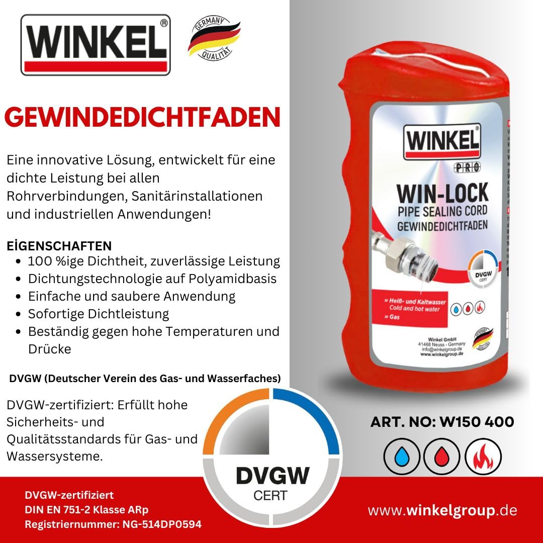 Winkel DVGW-zertifizierter Gewindedichtfaden – 5 X 160 m nicht aushärtendes Dichtband aus Polyamid (nicht PTFE) für Metall - Kunststoffgewinde, sofortige Abdichtung für Sanitärrohre und Armaturen (5)