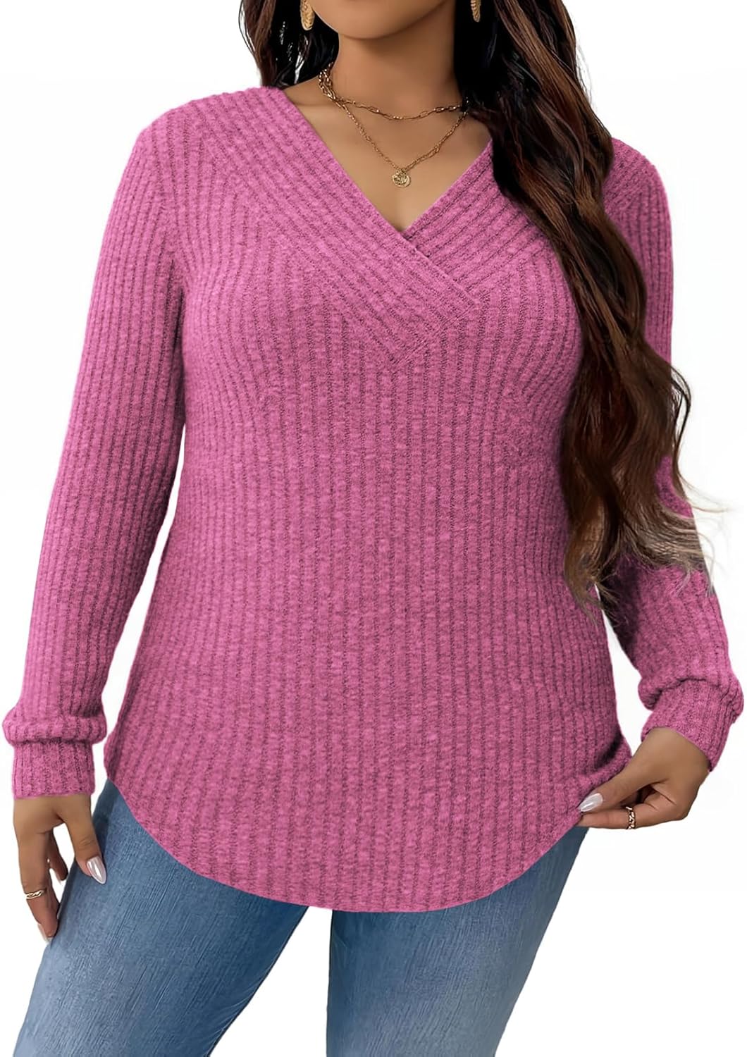 VISLILY Womens-Plus-Size-Tops Trendy V Neck Casual Long Sleeve Shirts Lightweight Knit Sweaters Cute Pullover Tunics Blouses - Image 2