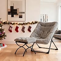 Vista 7 de HollyHOME X-Large Saucer Chair with Foldable Ottoman, Comfy Oversized Folding Chair and Folding Footrest Stool Set, Faux-Fur Reading Chair and